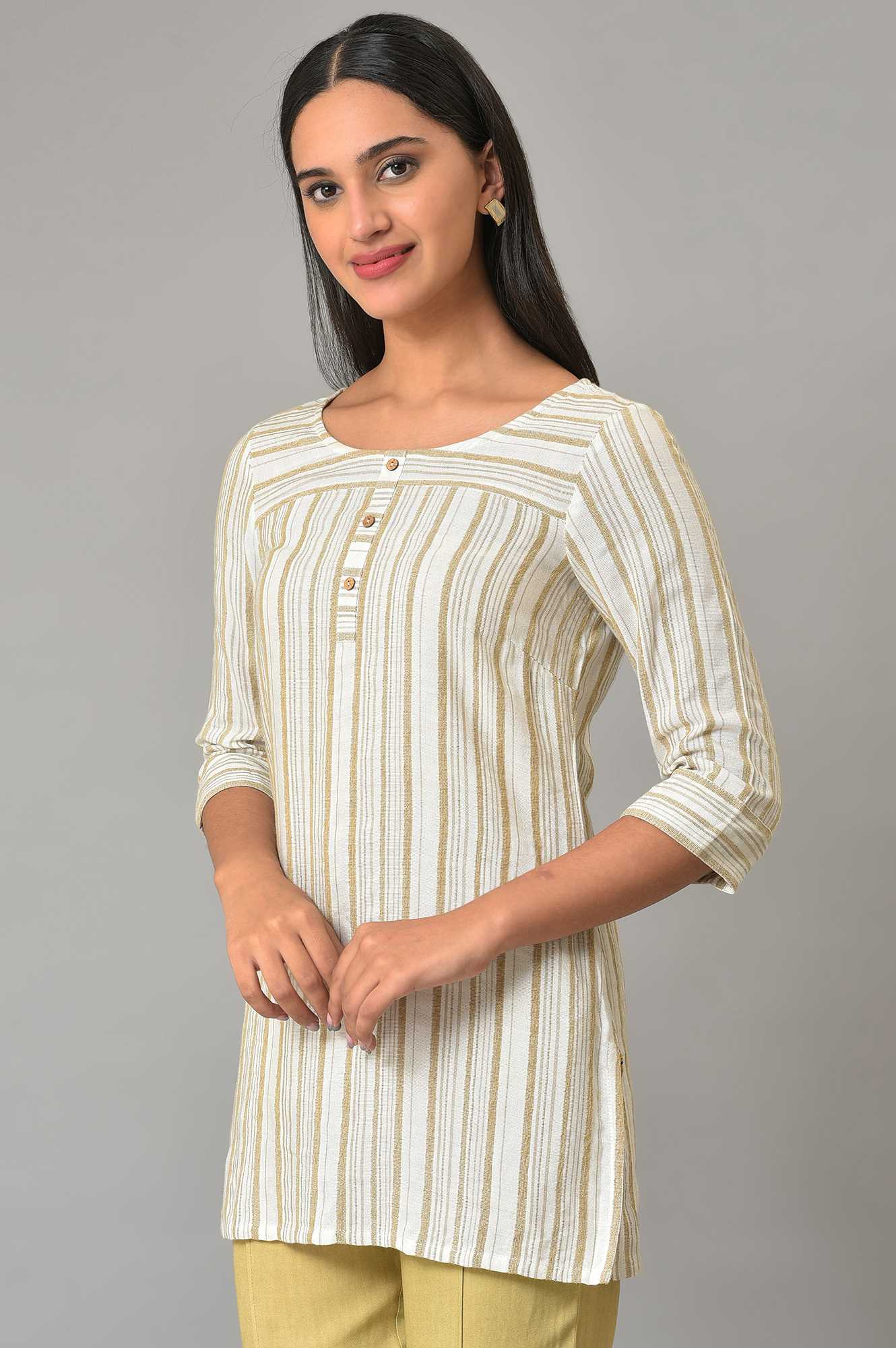 Beige Yarn-Dyed Plus Size kurta - Image 3