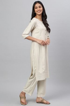Biege Solid kurta with Straight Palazzo - Image 5