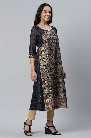 Black A-line Floral Print kurta - Image 3