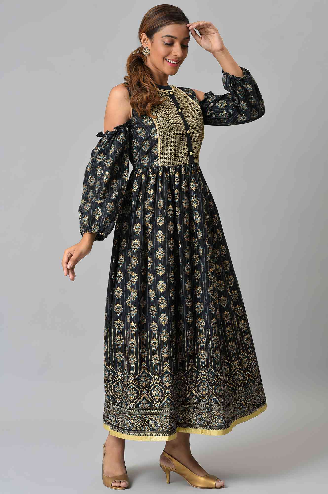Black Cambric Modern Dress in Cold Shoulder Sleeves - Image 4