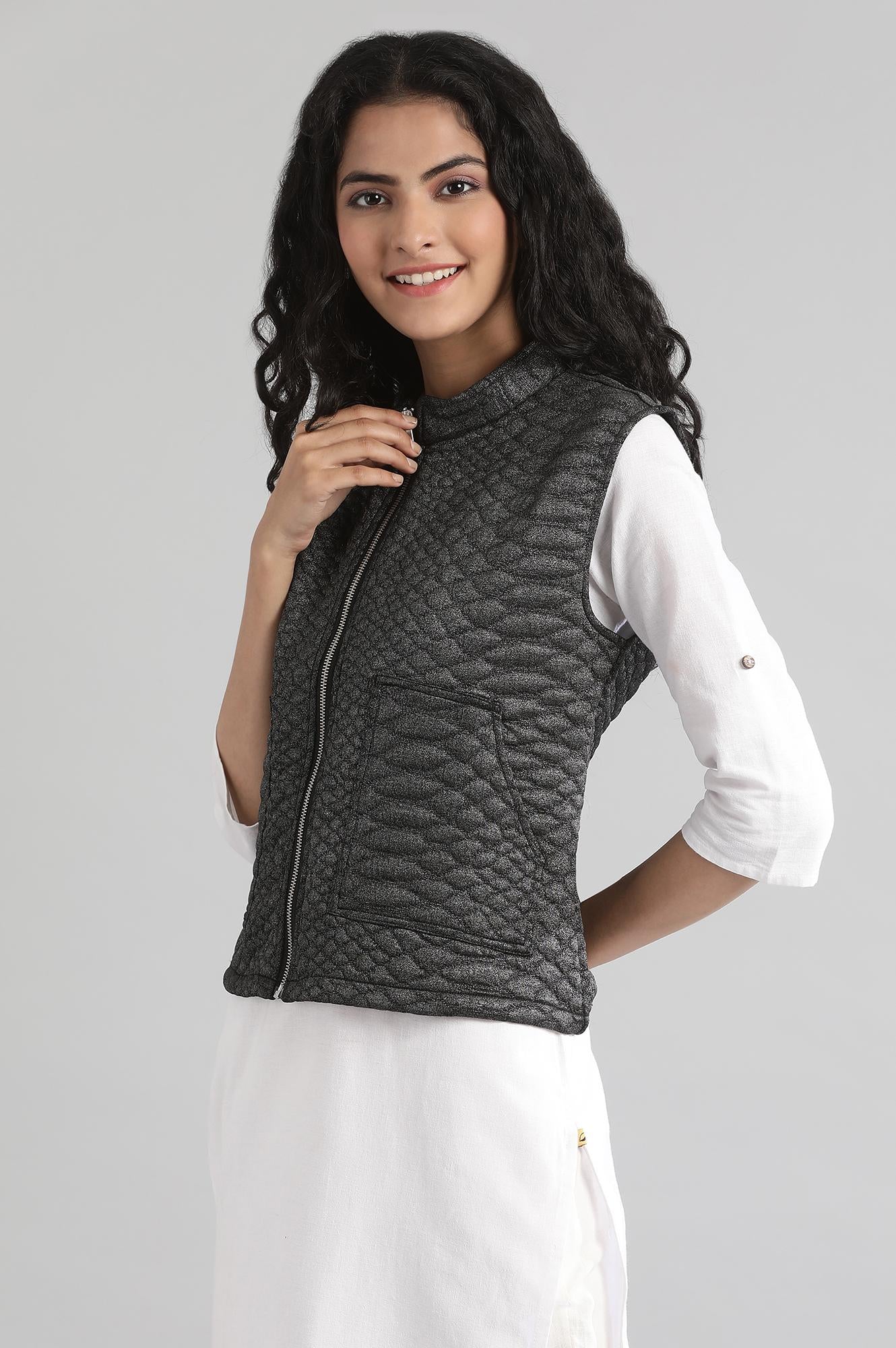 Black Collar Neck Quilted Jacket - Image 3