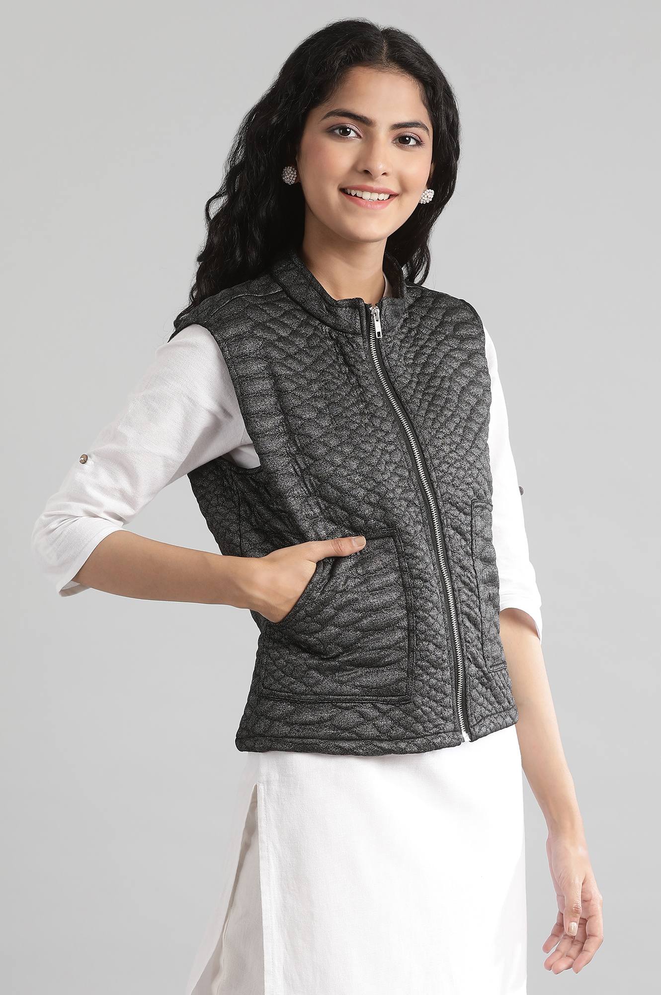 Black Collar Neck Quilted Jacket - Image 4