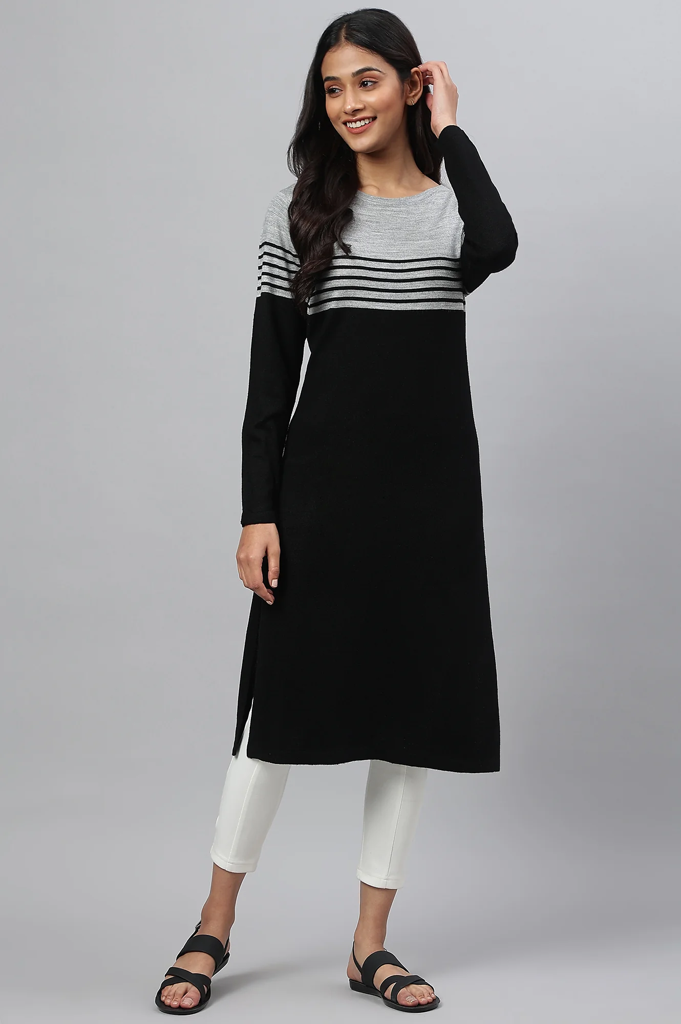 Black Colour Blocked Winter Plus Size kurta - Image 5
