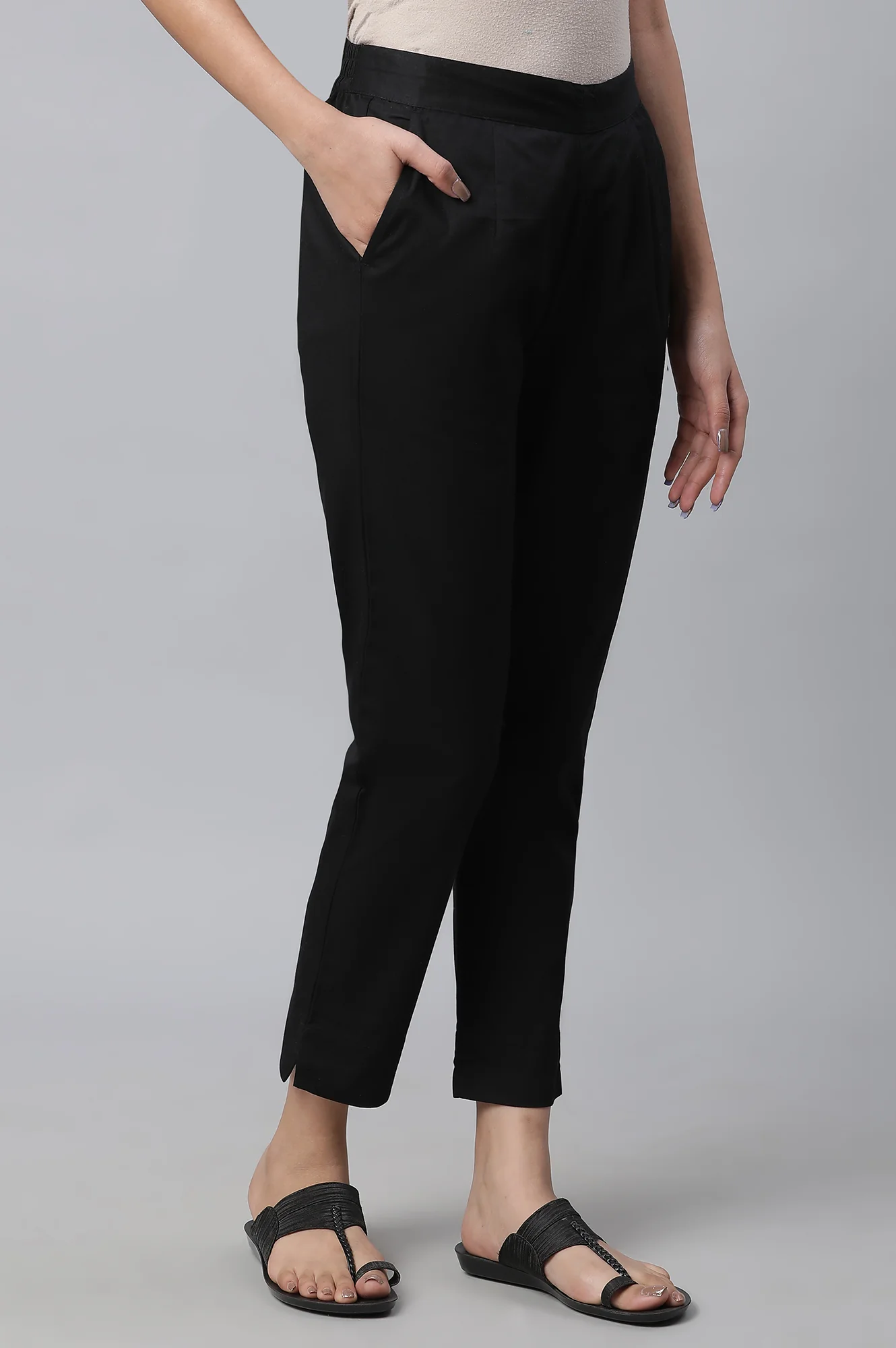 Black Solid Straight Fit Cotton Pants With Elasticated Waist - Image 3