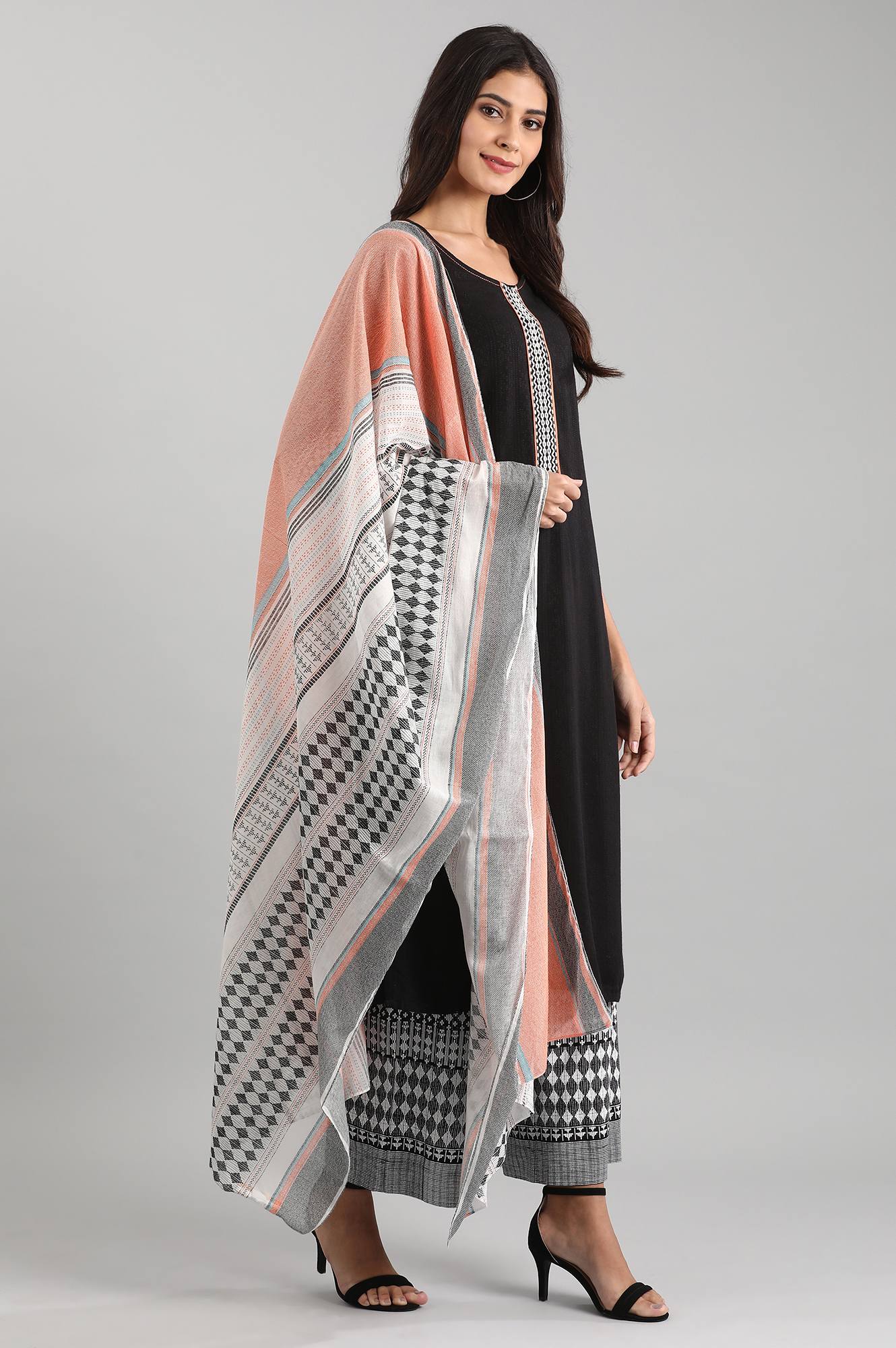 Black Cotton kurta with Palazzo and Dupatta - Image 4