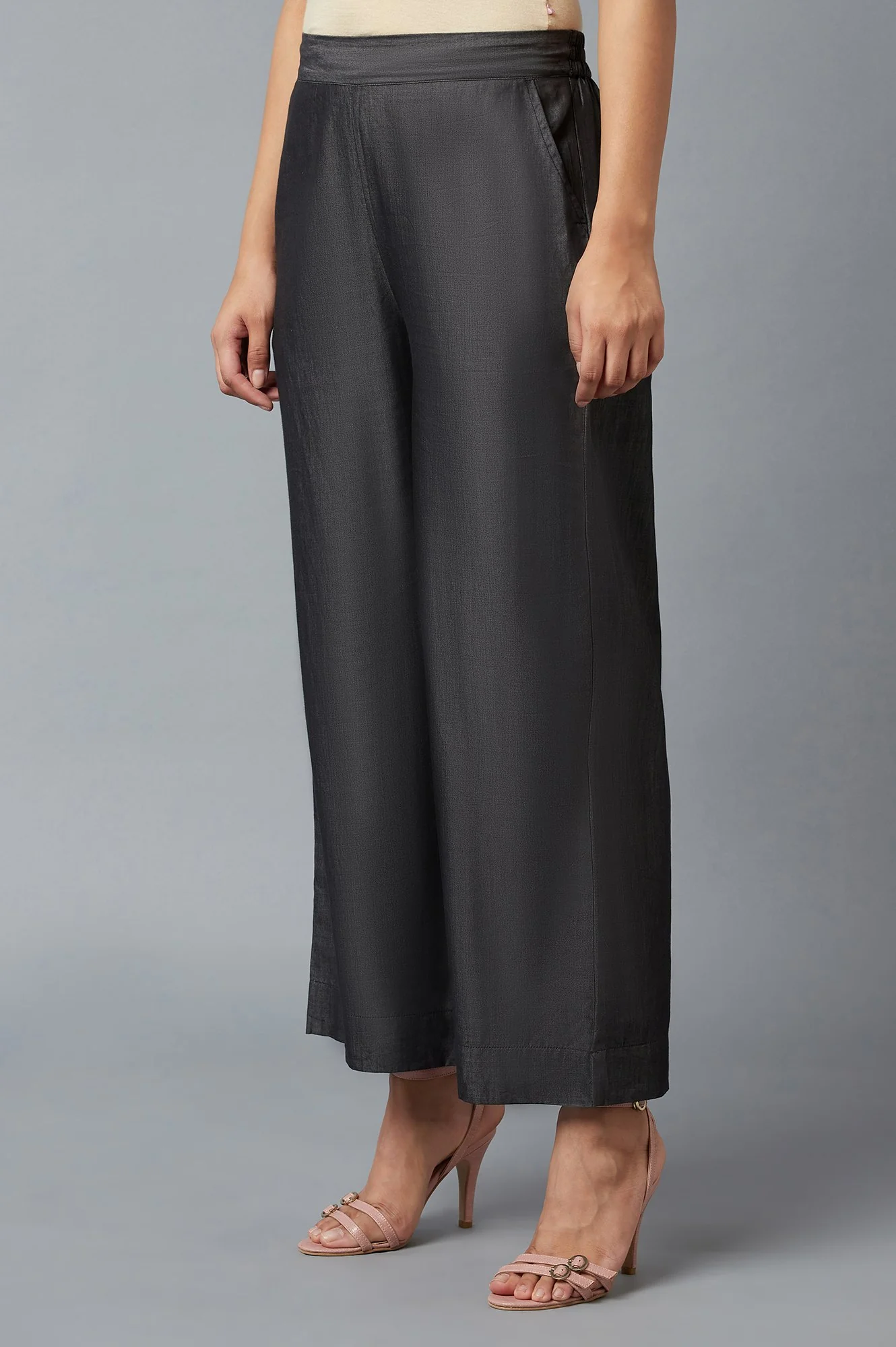 Black Solid Straight Fit Tencel Palazzo With Elasticated Waist - Image 3