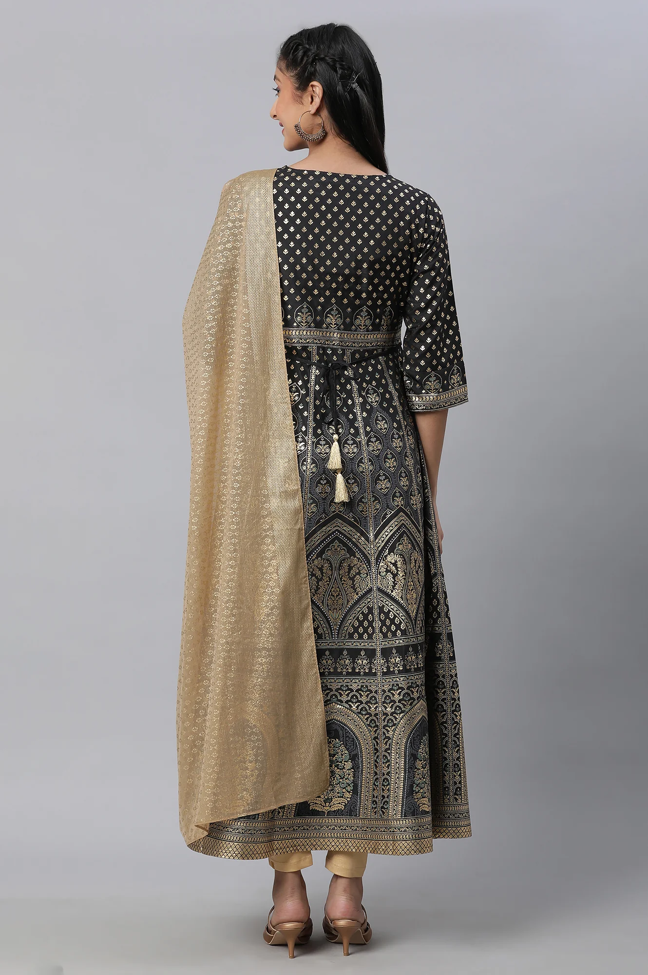 Black Embellished Dress, Tights & Dupatta Set - Image 4