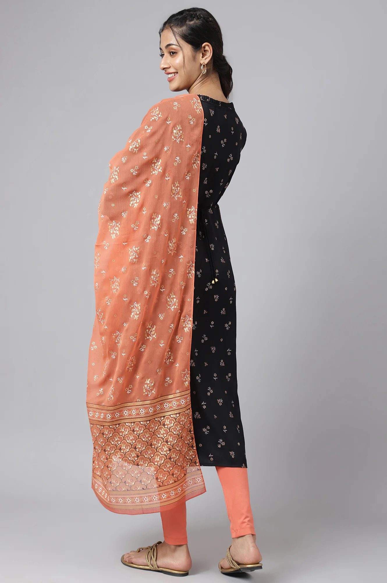 Black Embroidered Dress with Orange Tights and Dupatta - Image 6