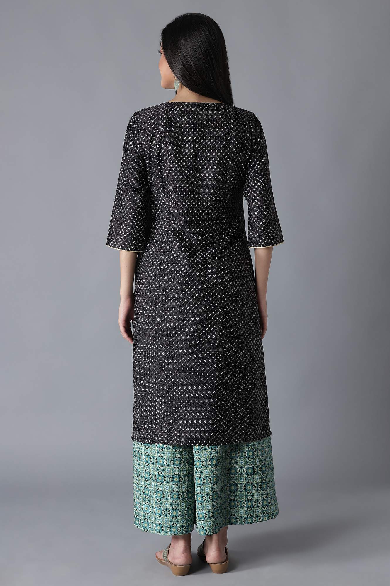 Black Embroidered Geometric Print kurta Culottes Set - Image 2