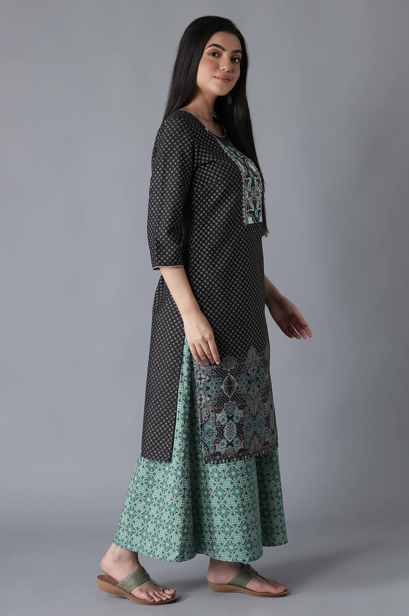 Black Embroidered Geometric Print kurta Culottes Set - Image 4