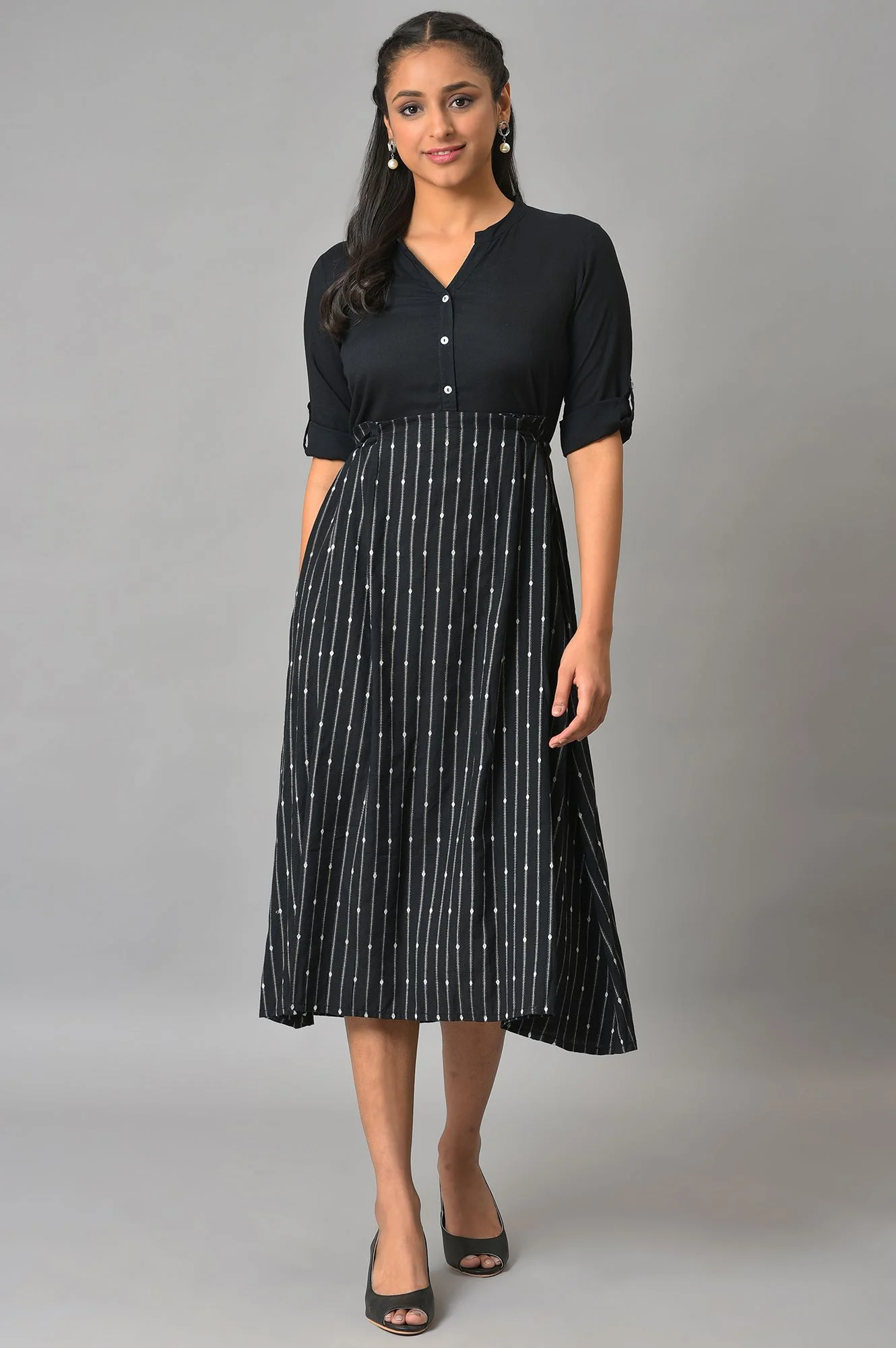 Black Flared Printed Modern Ethnic Dress - Image 2