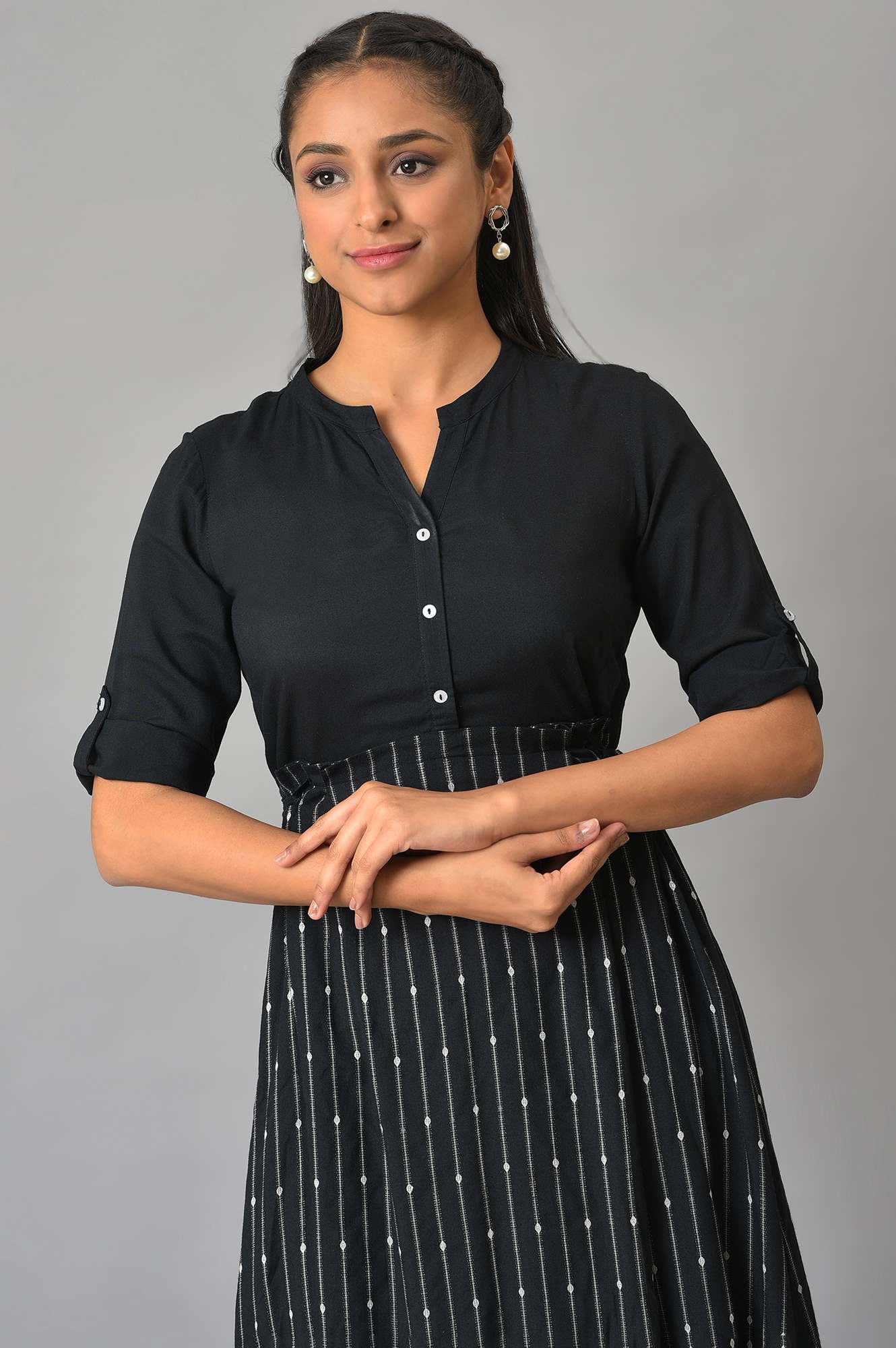 Black Flared Printed Modern Ethnic Dress - Image 6