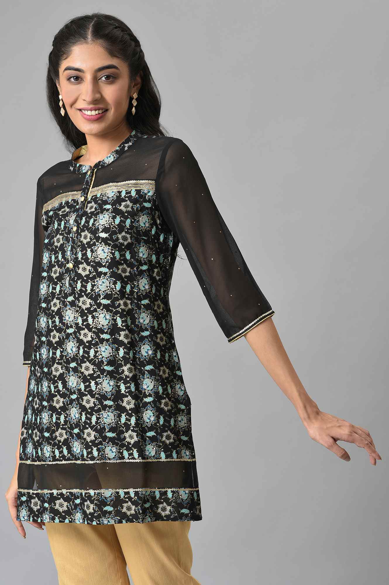 Black Floral Printed Sequined Ethnic LIVA kurta - Image 3