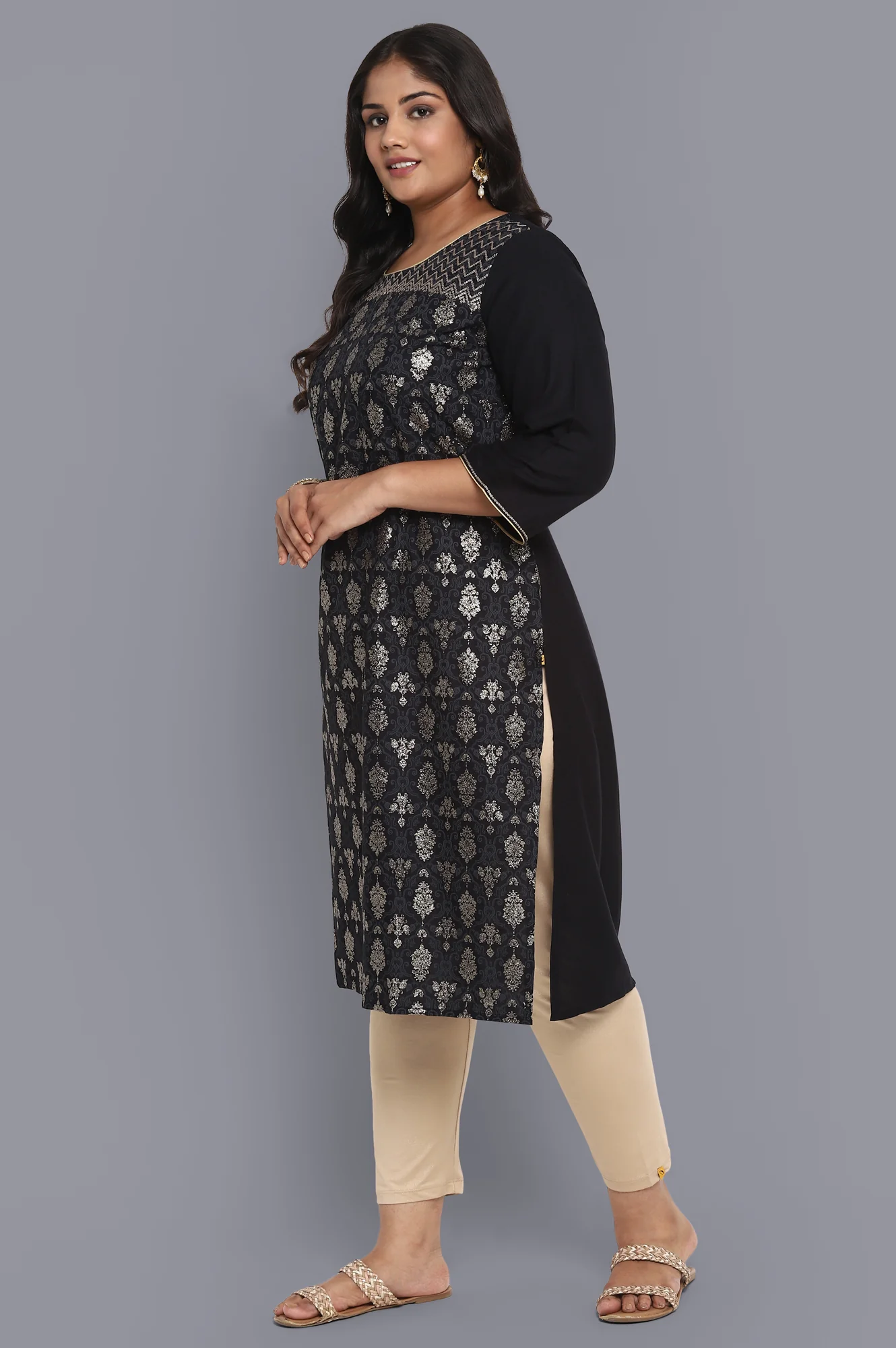 Black Glitter Print Straight kurta - Image 3