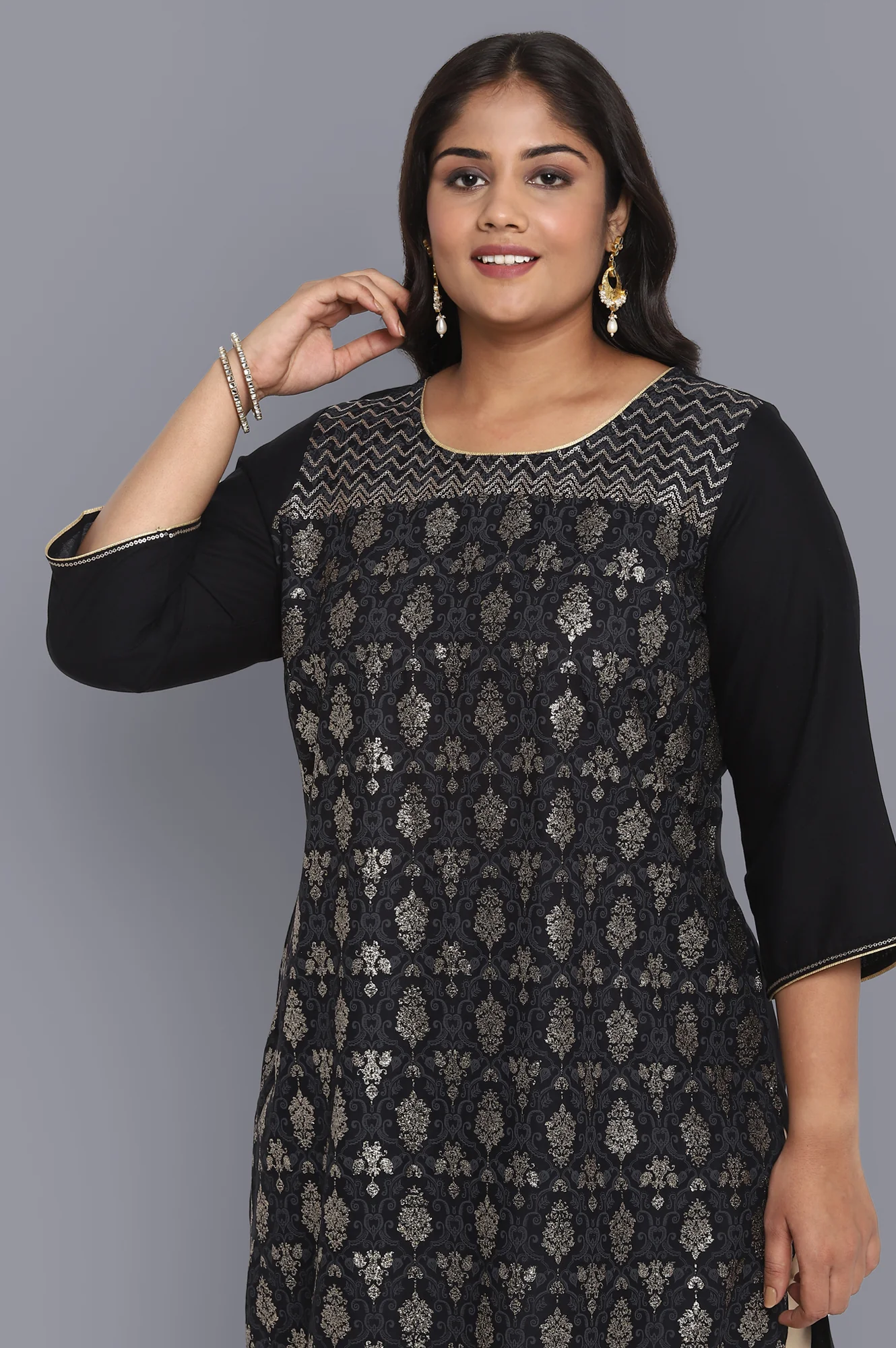 Black Glitter Print Straight kurta - Image 5