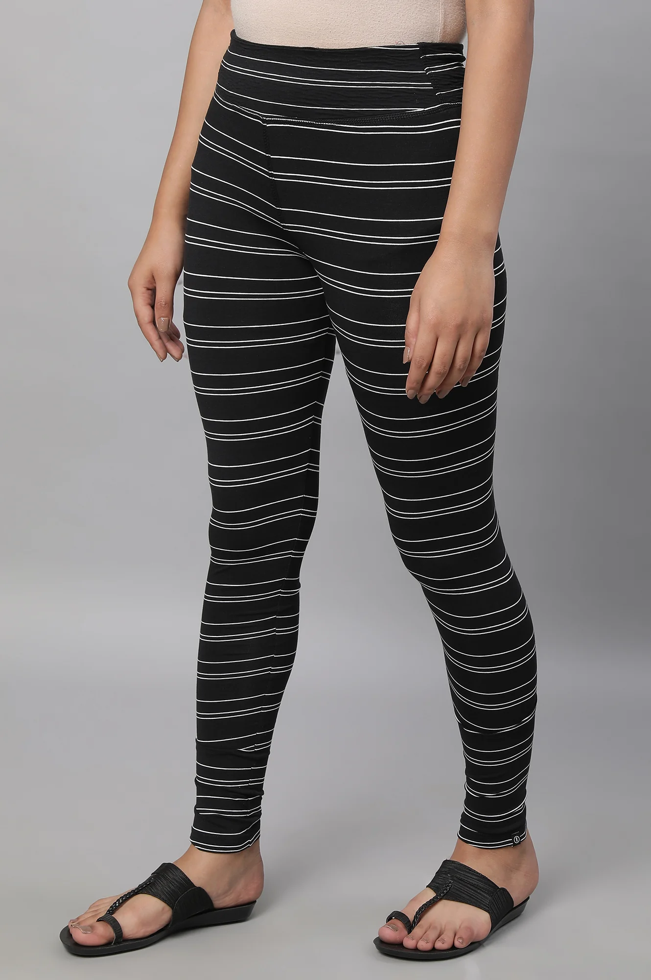 Black Striped Skinny Fit Cotton Tights With High Waistband - Image 3