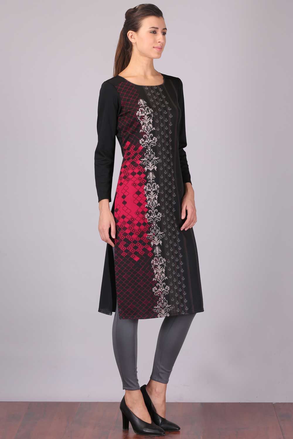 Black Printed Round Neck Winter kurta - Image 3