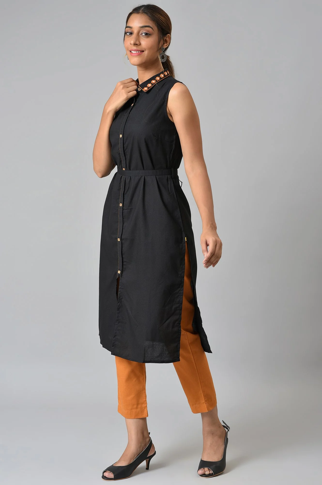 Black Shirt Collar kurta With Mustard Trousers - Image 3