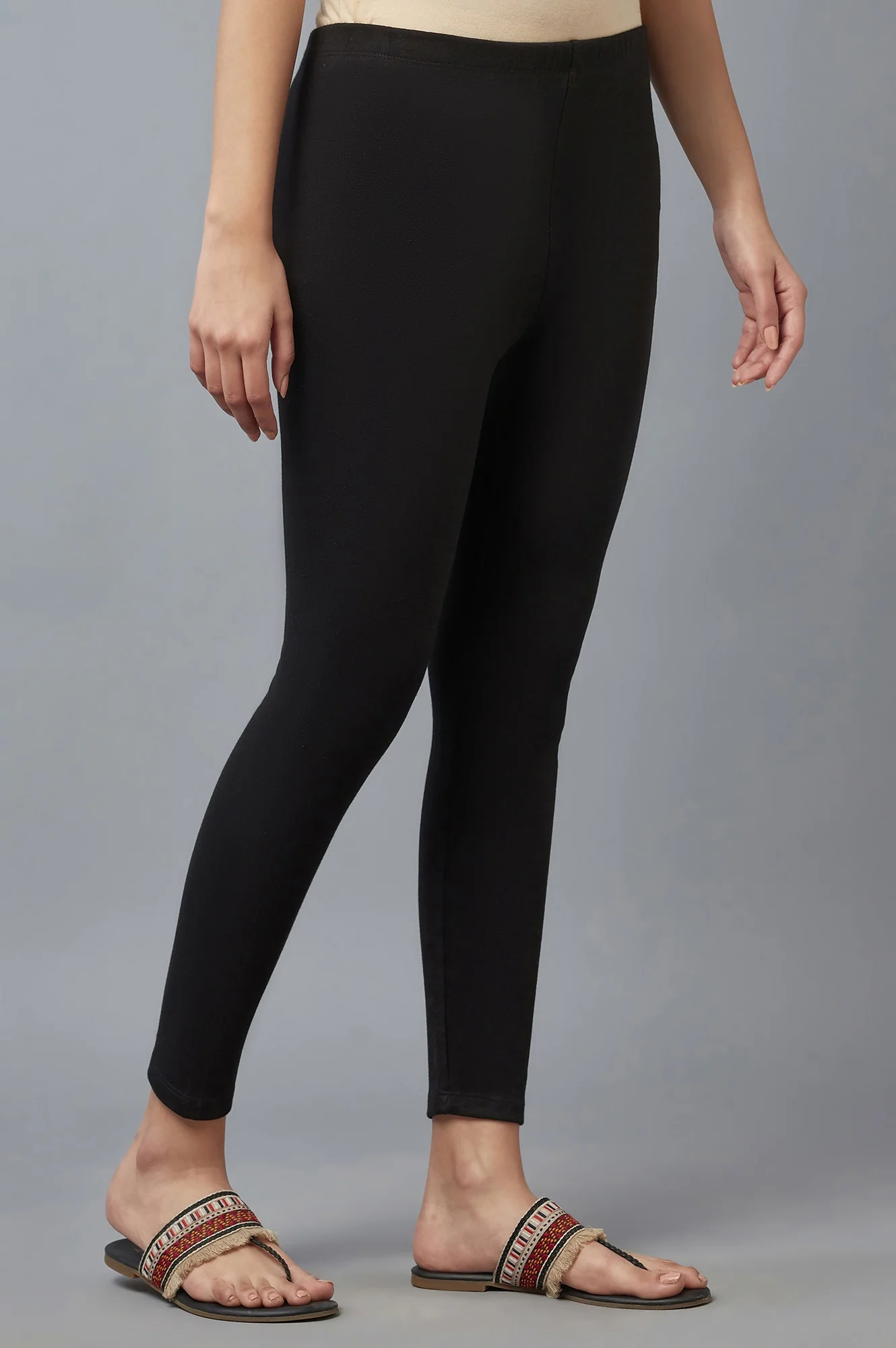 Black Solid Skinny Fit Cotton Tights With Elasticated Waistband - Image 4
