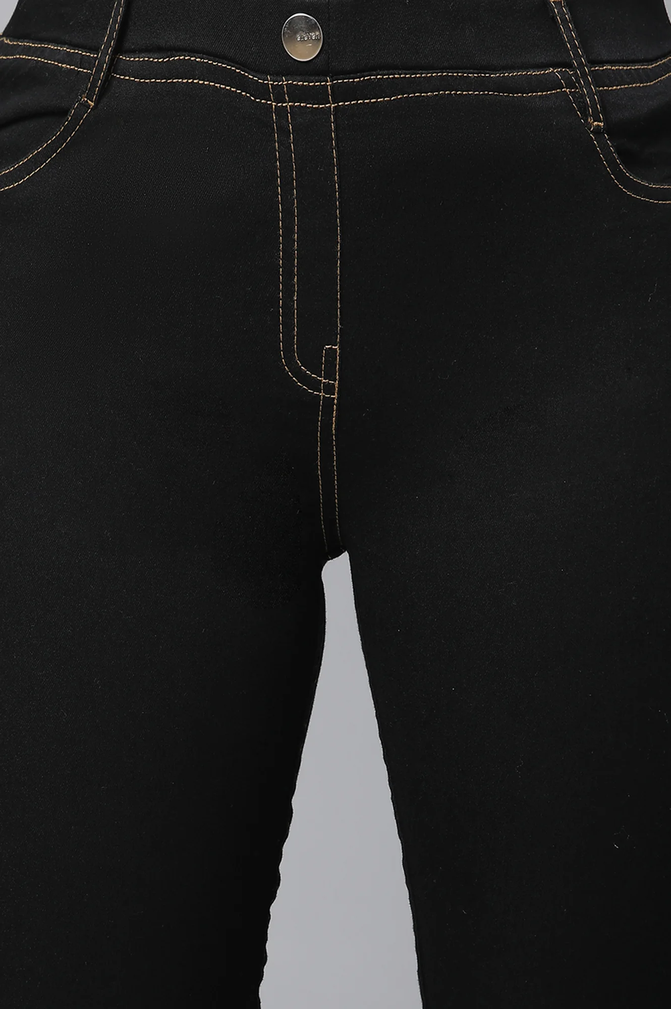 Black Solid Skinny Fit Denim Jeggings With Elasticated Waist - Image 6