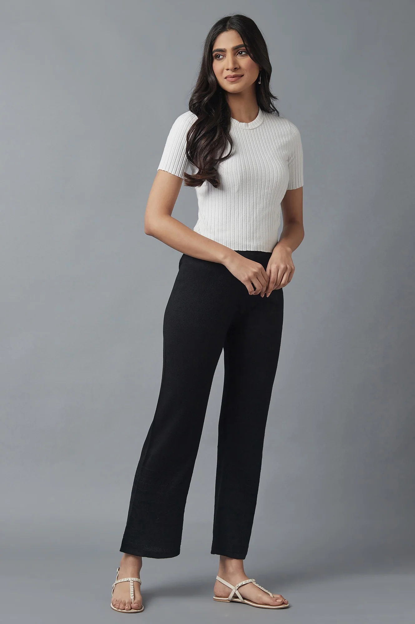 Black Pointelle Flared Acrylic Palazzo With Elasticated Waist - Image 5