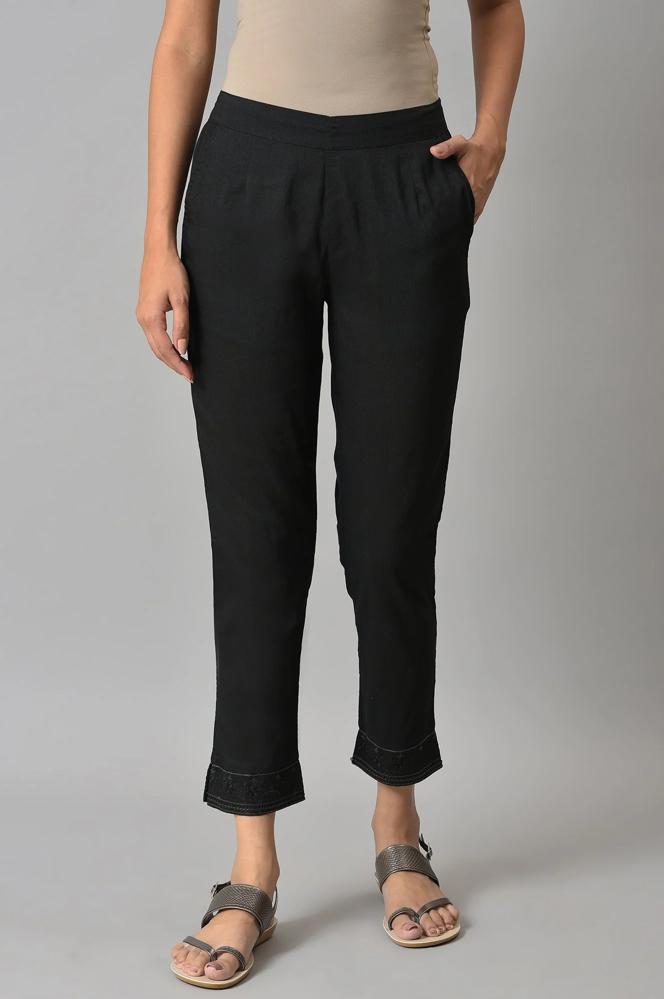 Black Floral Printed Straight Fit Pants With Elasticated Waist