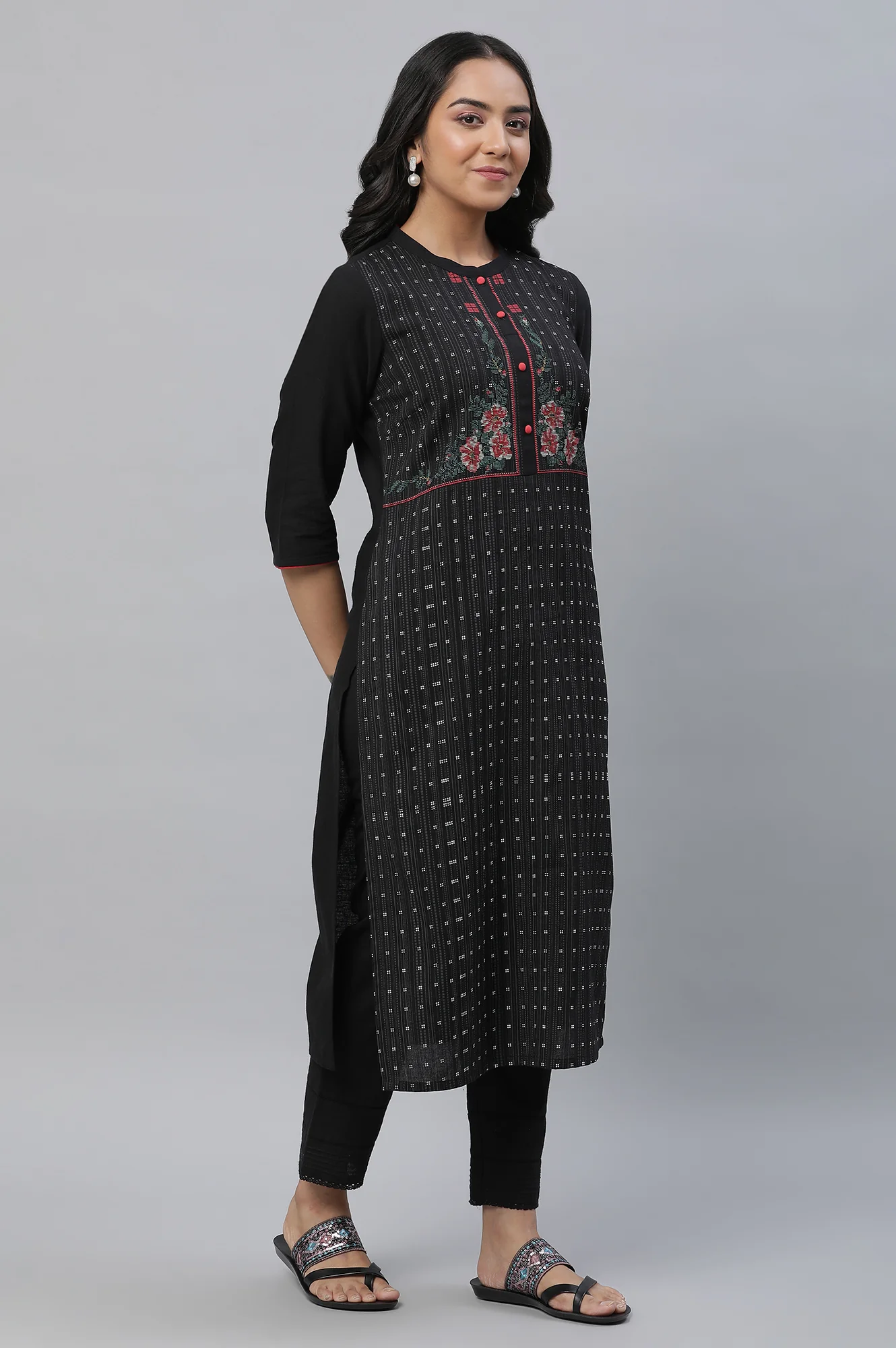 Black Yoke Printed Cotton Blend Straight Kurta - Image 6