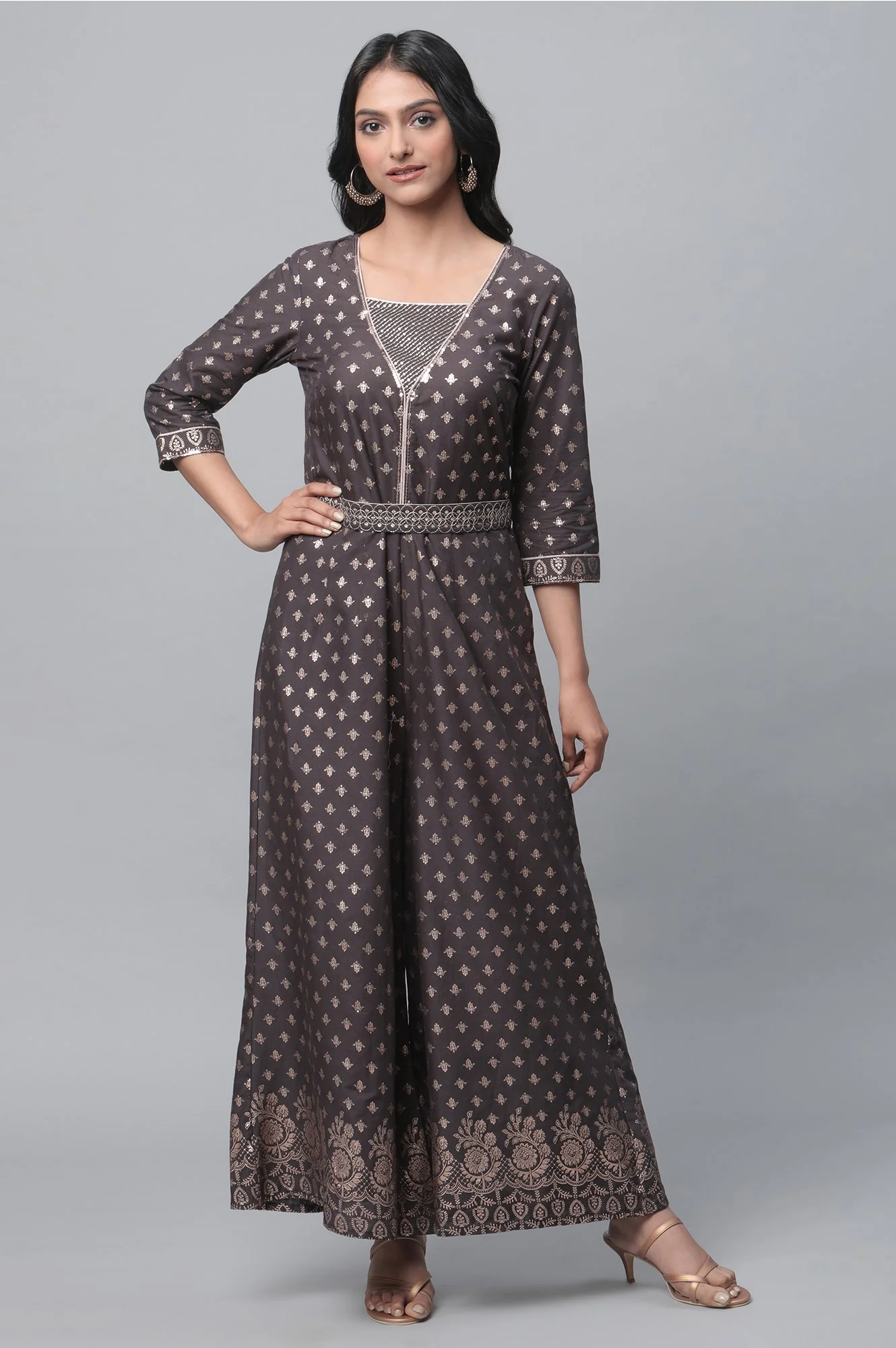 Black Zari Embroidered Festive Jumpsuit With Belt - Image 5