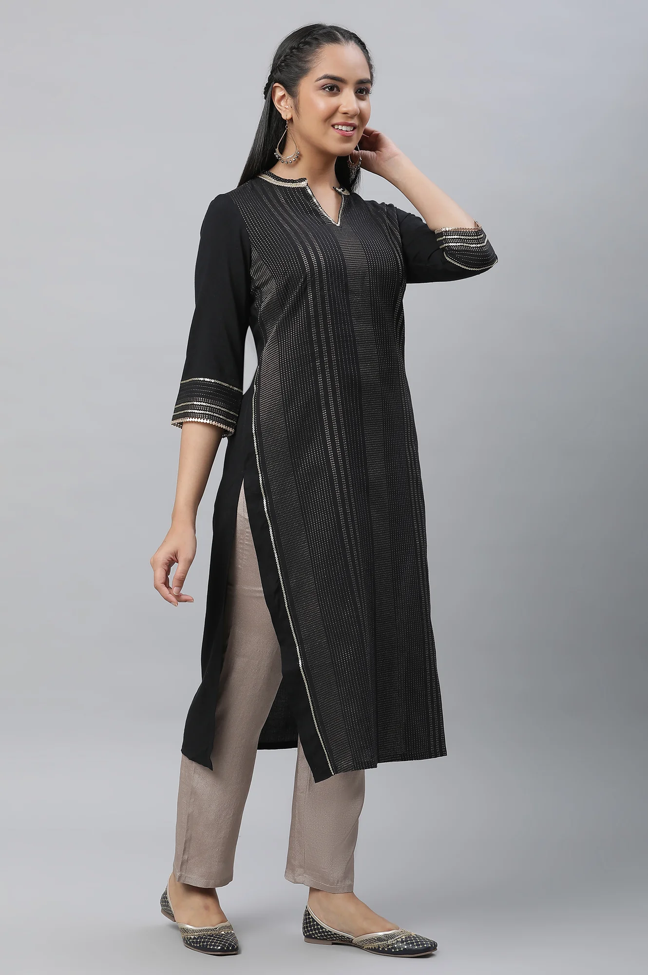 Black Zari Woven Festive Kurta - Image 5