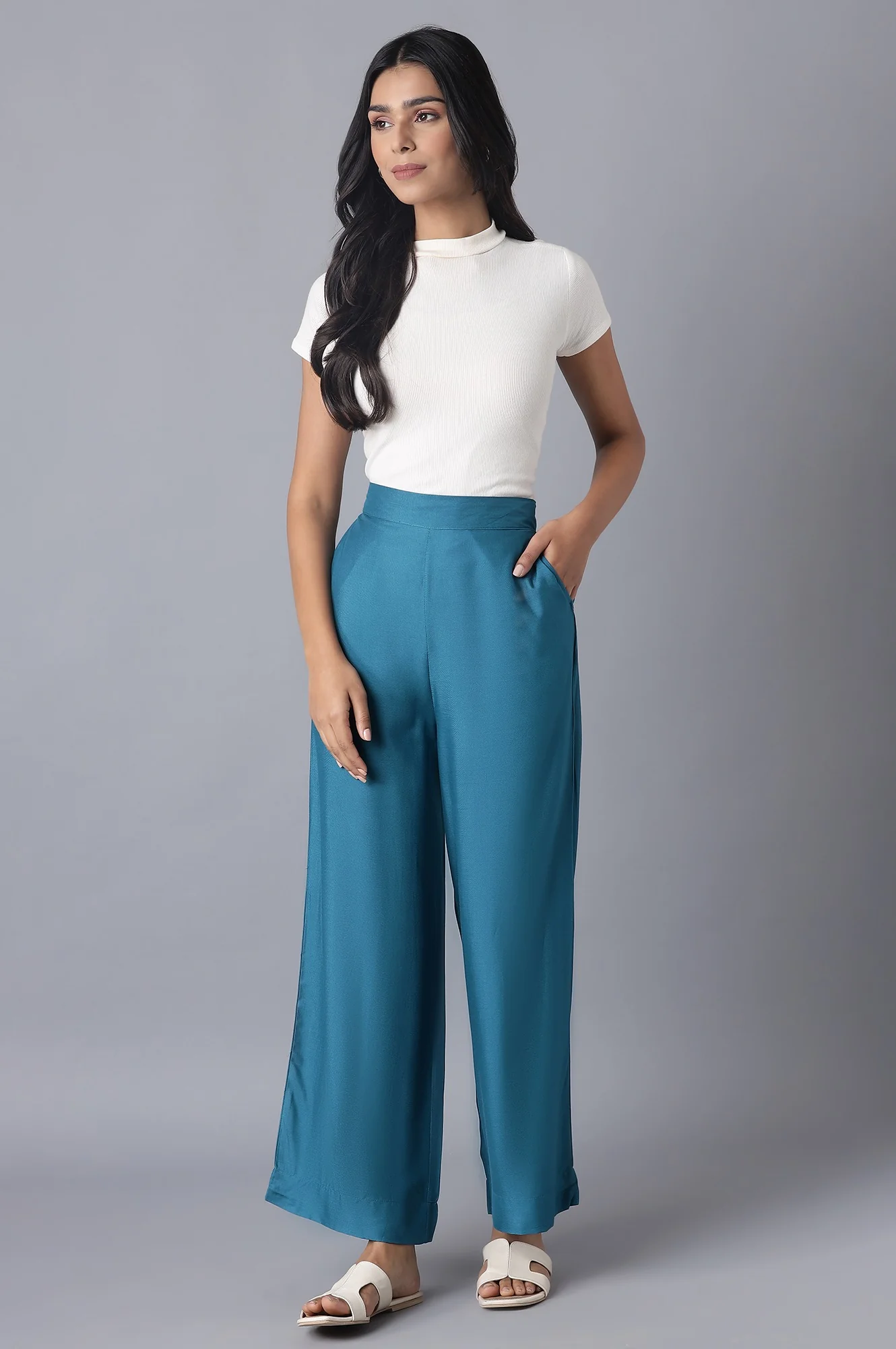 Blue Solid Wide Leg Tencel Palazzo With Elasticated Waist - Image 5