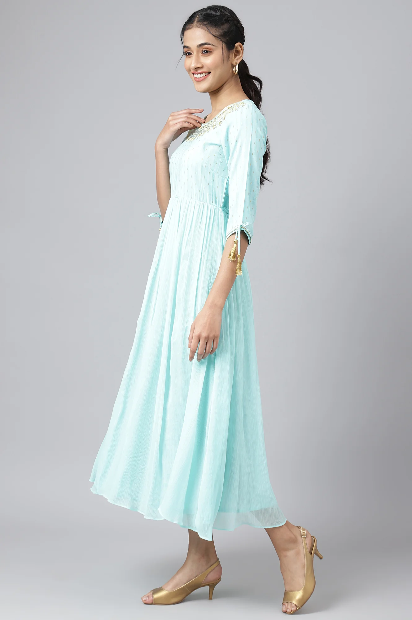 Blue Chiffon Dress with Gold Embroidery - Image 3