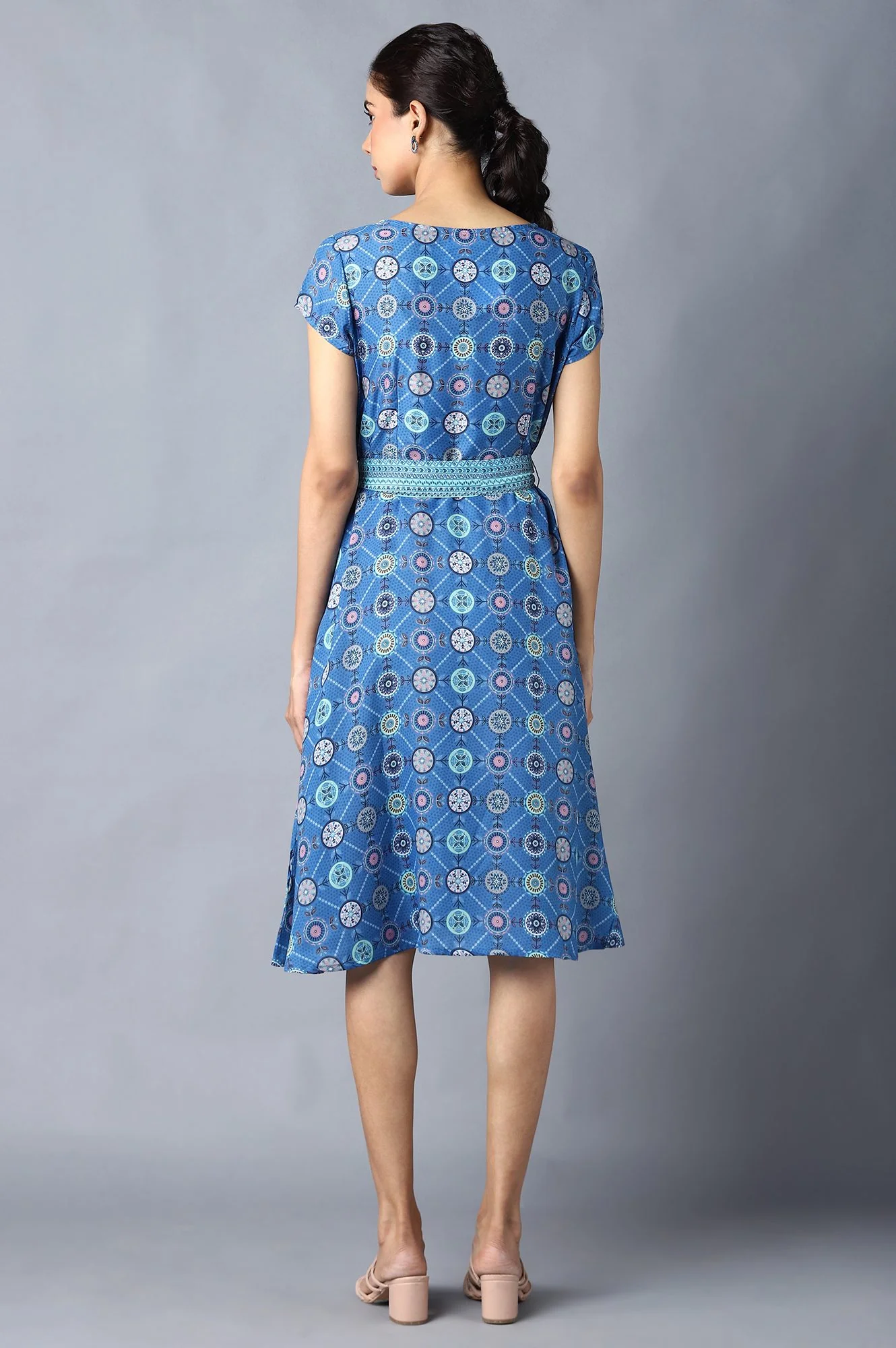 Blue Circular Floral Printed Dress In Round Neck - Image 2