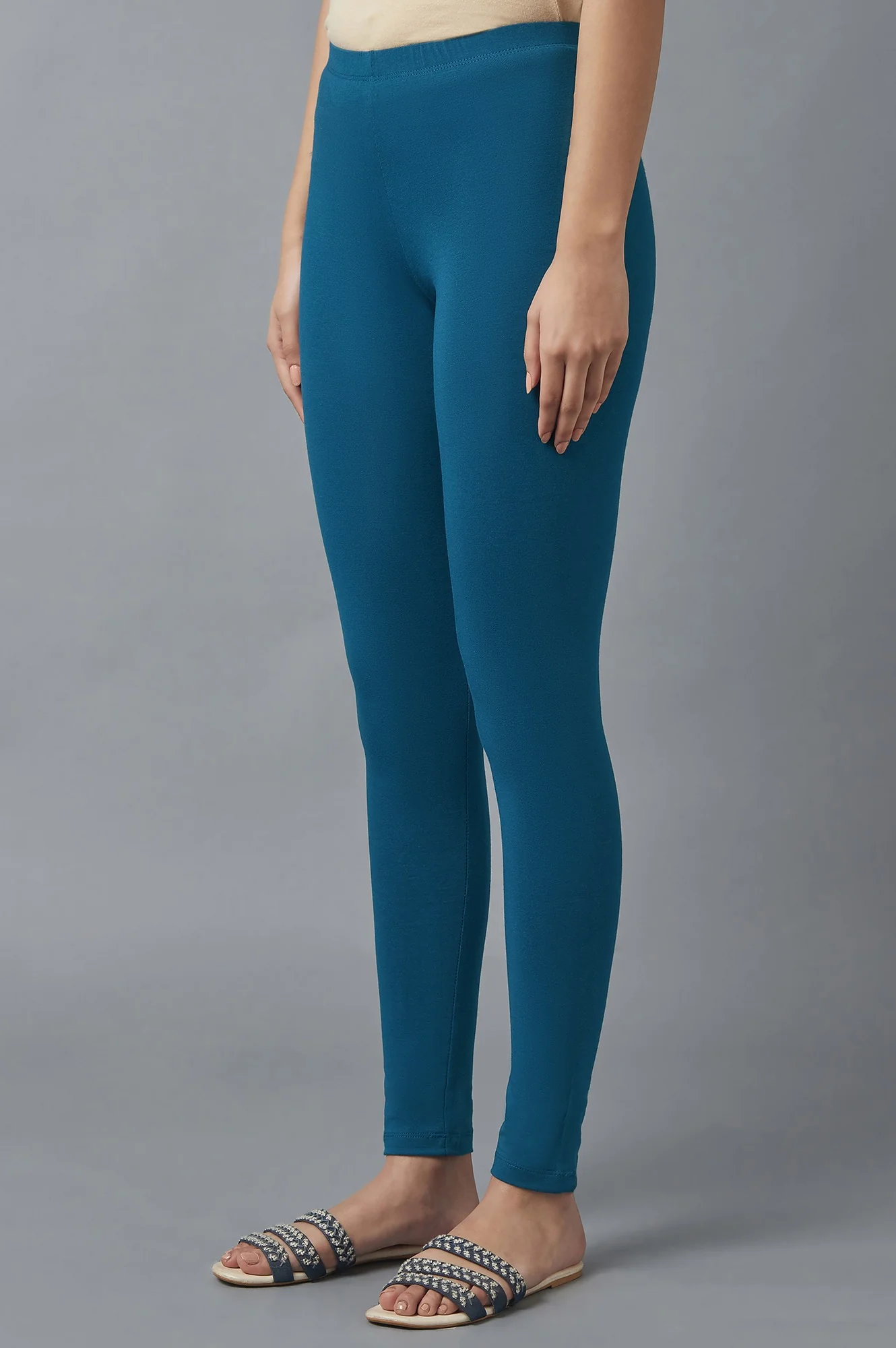 Blue Solid Skinny Fit Cotton Tights With Elasticated Waist - Image 3