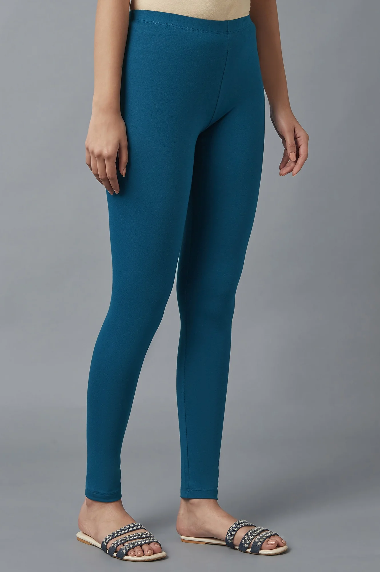 Blue Solid Skinny Fit Cotton Tights With Elasticated Waist - Image 4