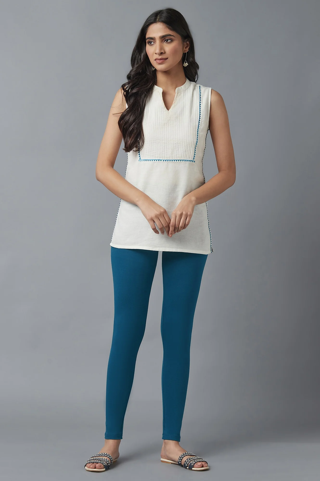 Blue Solid Skinny Fit Cotton Tights With Elasticated Waist - Image 5