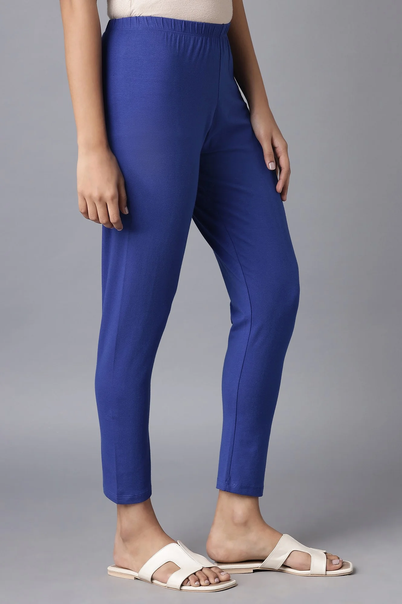 Blue Solid Skinny Fit Cotton Tights With Elasticated Waist - Image 4