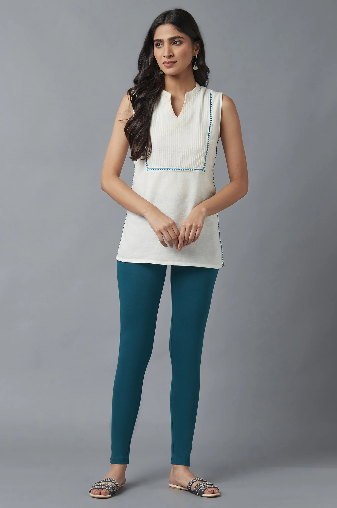 Navy Blue Solid Skinny Fit Cotton Tights With Elasticated Waist - Image 5