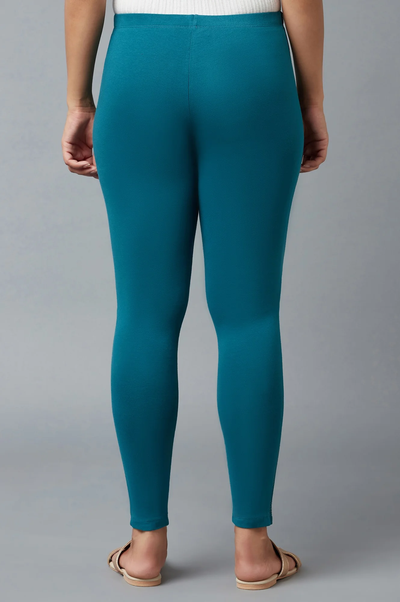 Blue Solid Skinny Fit Cotton Tights With Elasticated Waist - Image 2