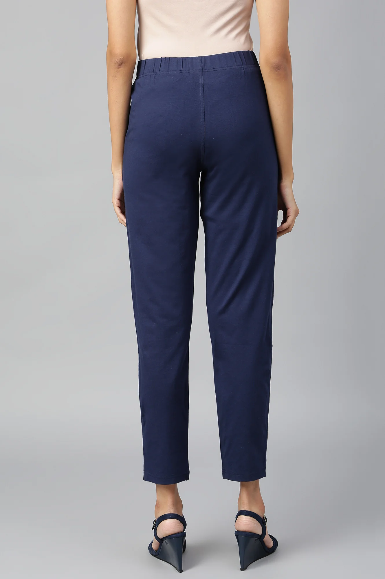 Navy Blue Solid Flared Cotton Pants With Elasticated Waist - Image 3