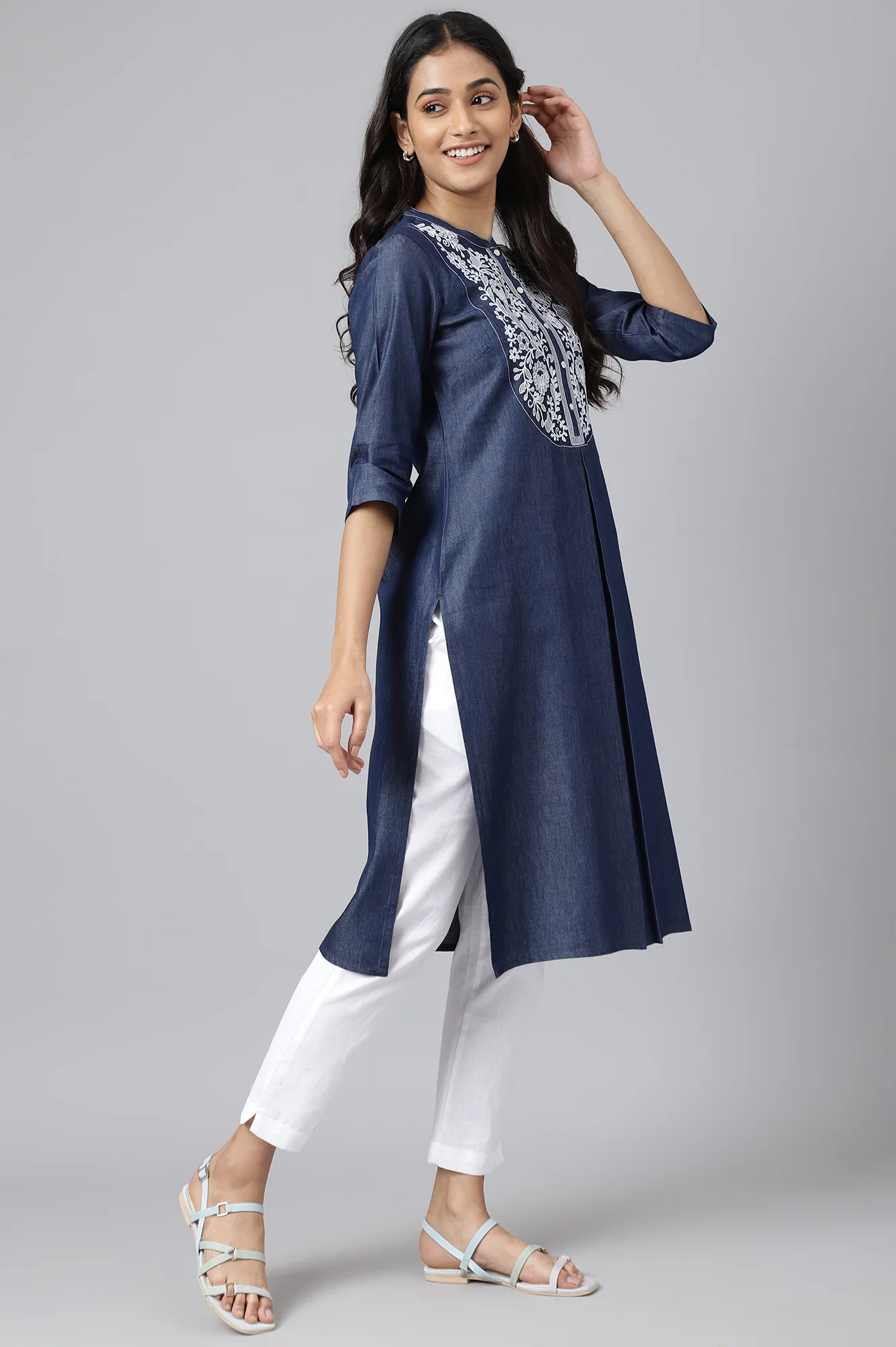 Blue Embroidered Denim kurta - Image 6