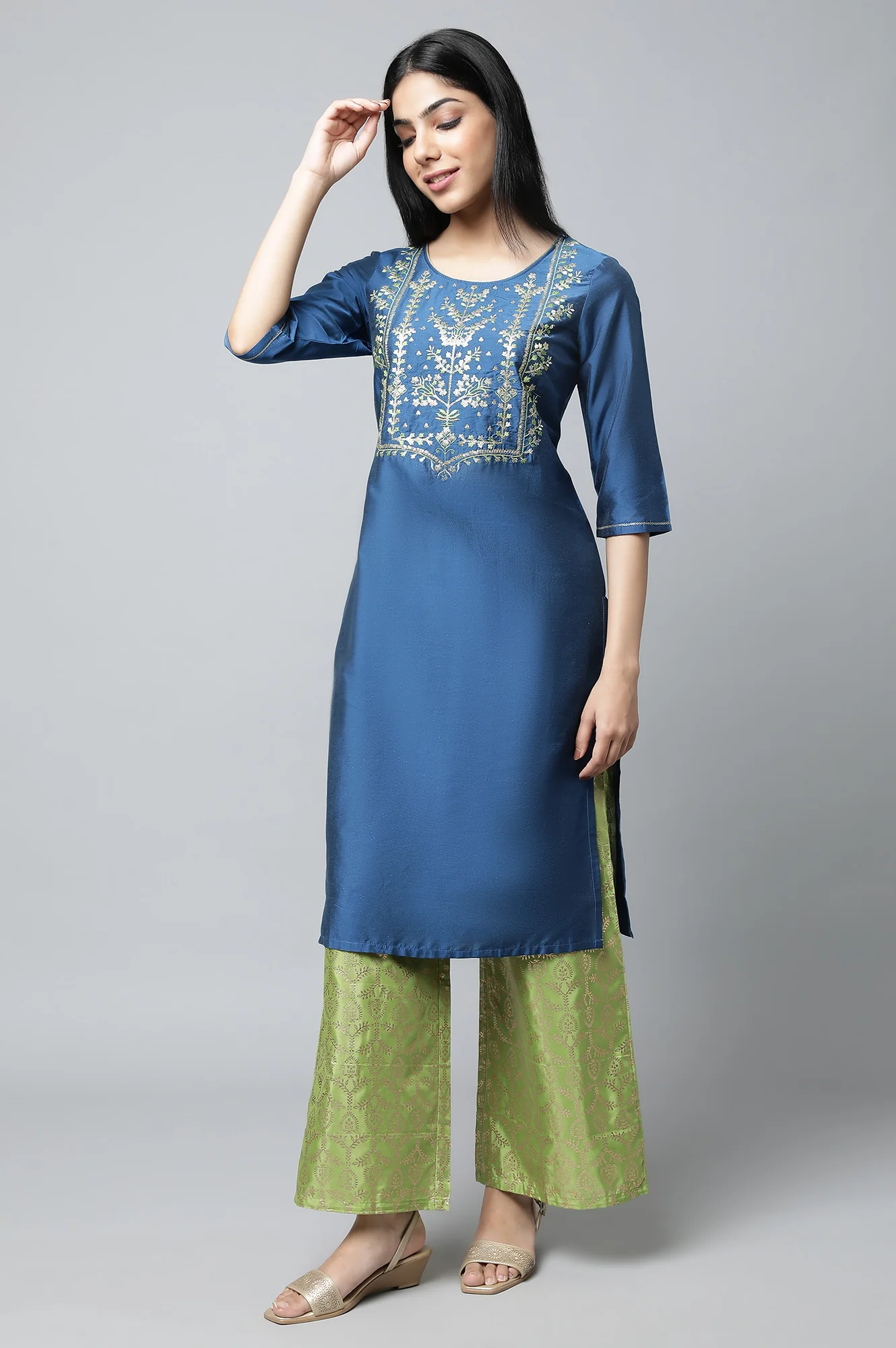 Blue Embroidered Festive kurta Set - Image 3