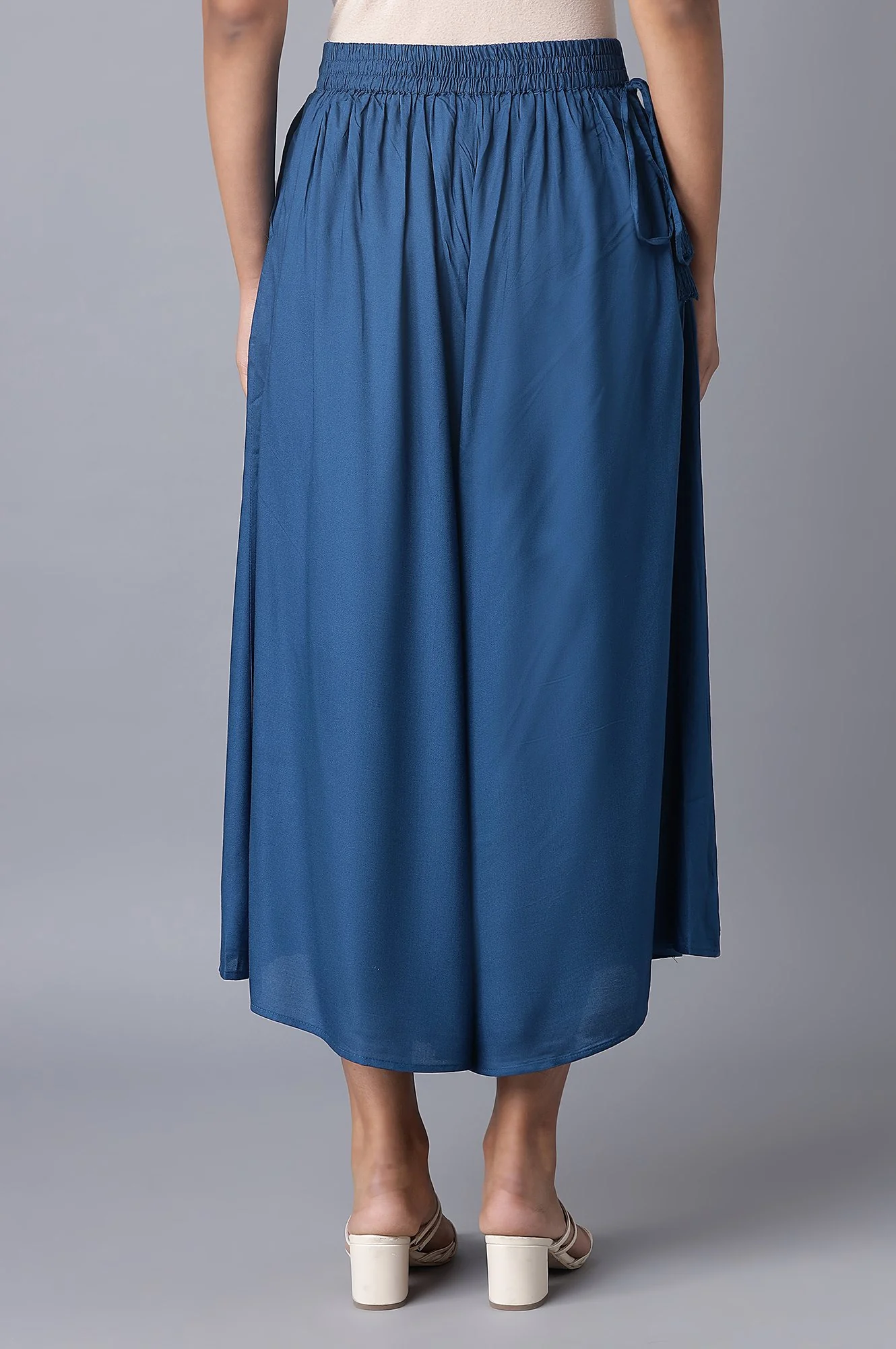 Blue Solid Flared Cotton Culottes With Drawstring - Image 2