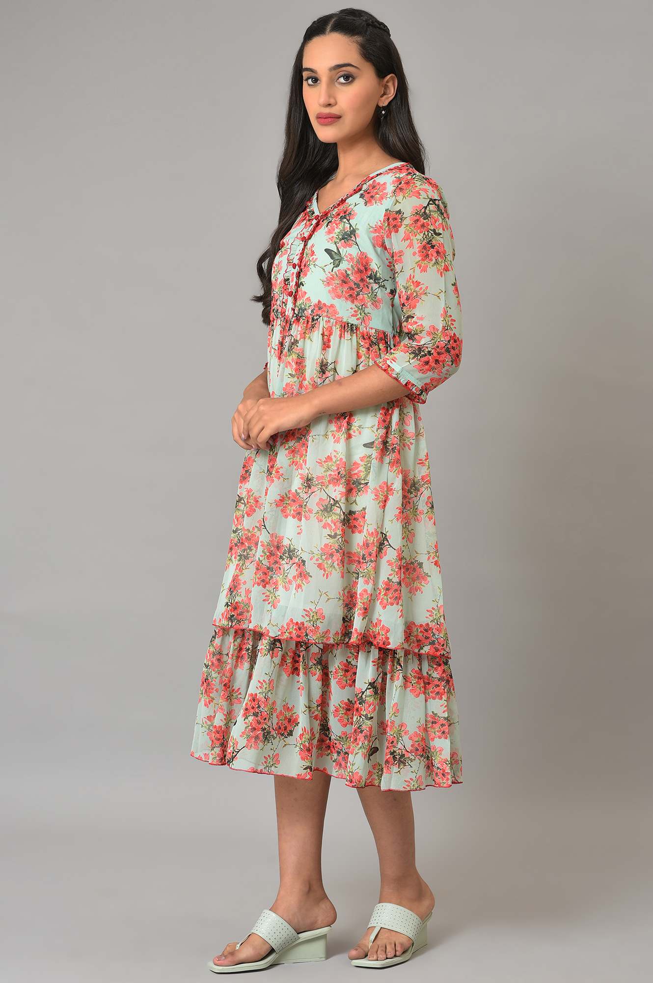Blue Flared Printed Chiffon Dress - Image 3