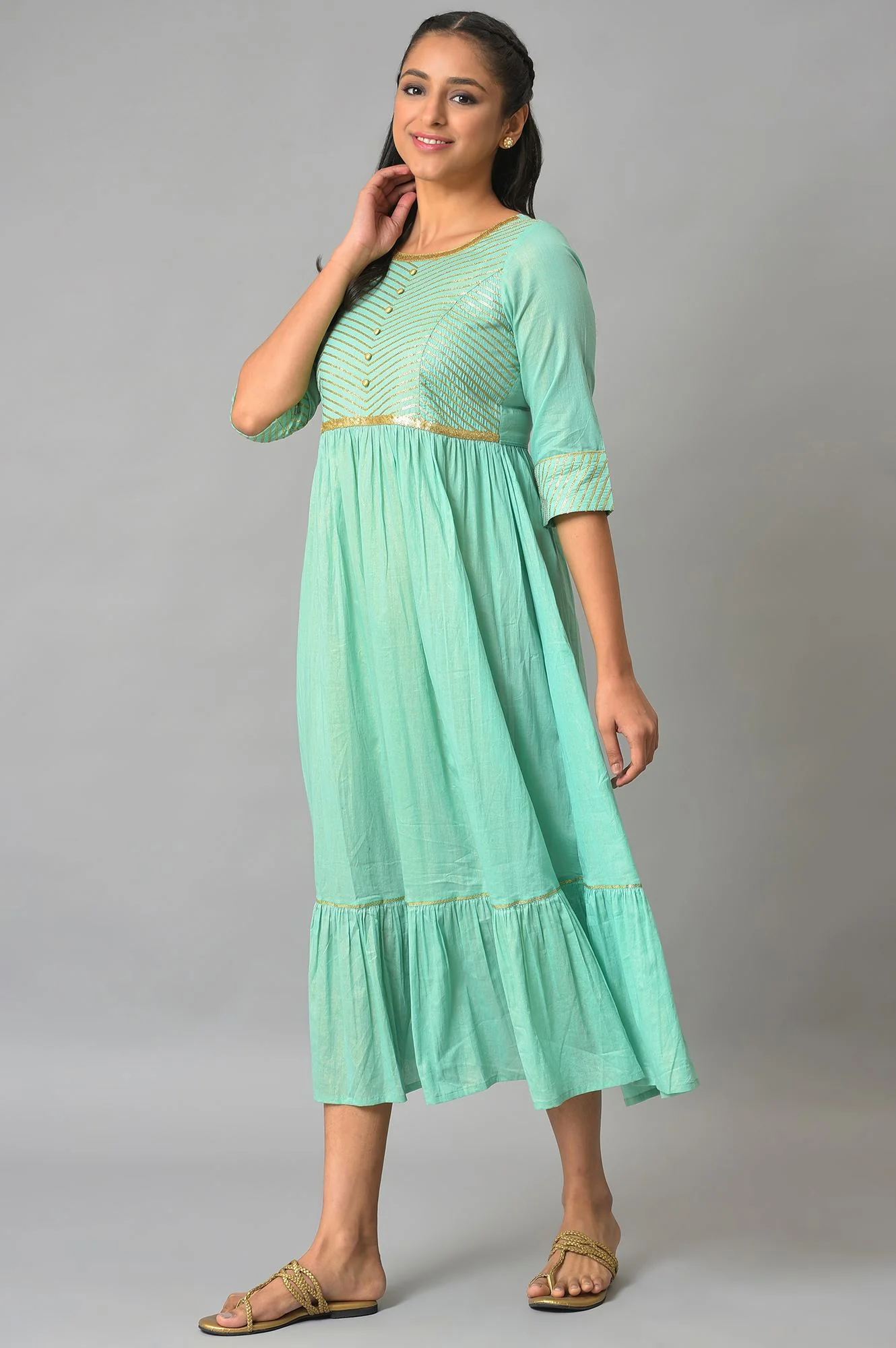 Blue Flared Printed Modern Ethnic Dress - Image 3