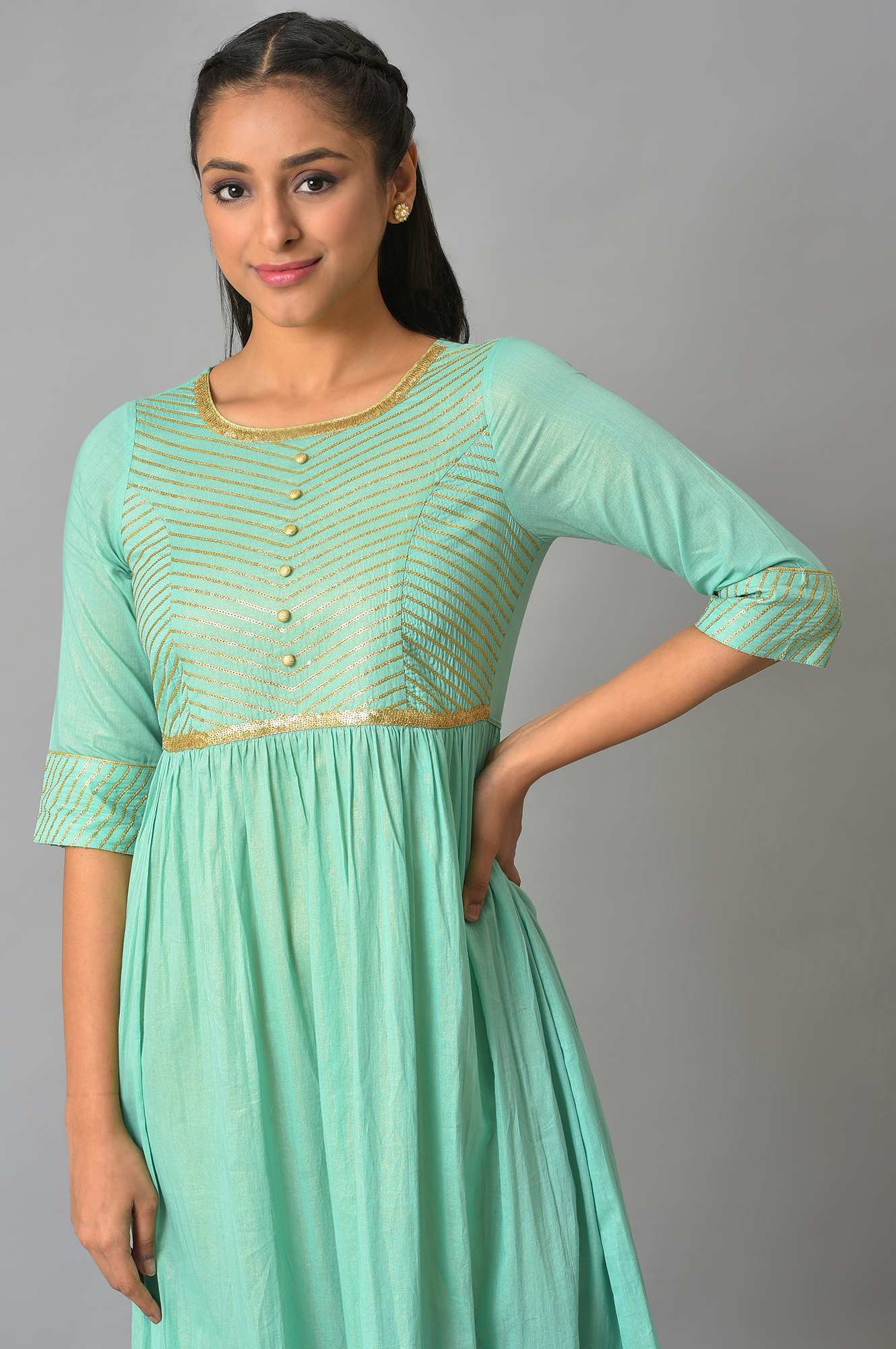 Blue Flared Printed Modern Ethnic Dress - Image 5