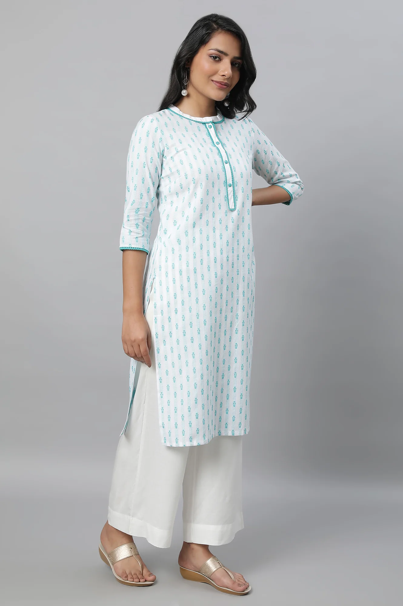 Blue Floral Dobby kurta In Band Collar - Image 4