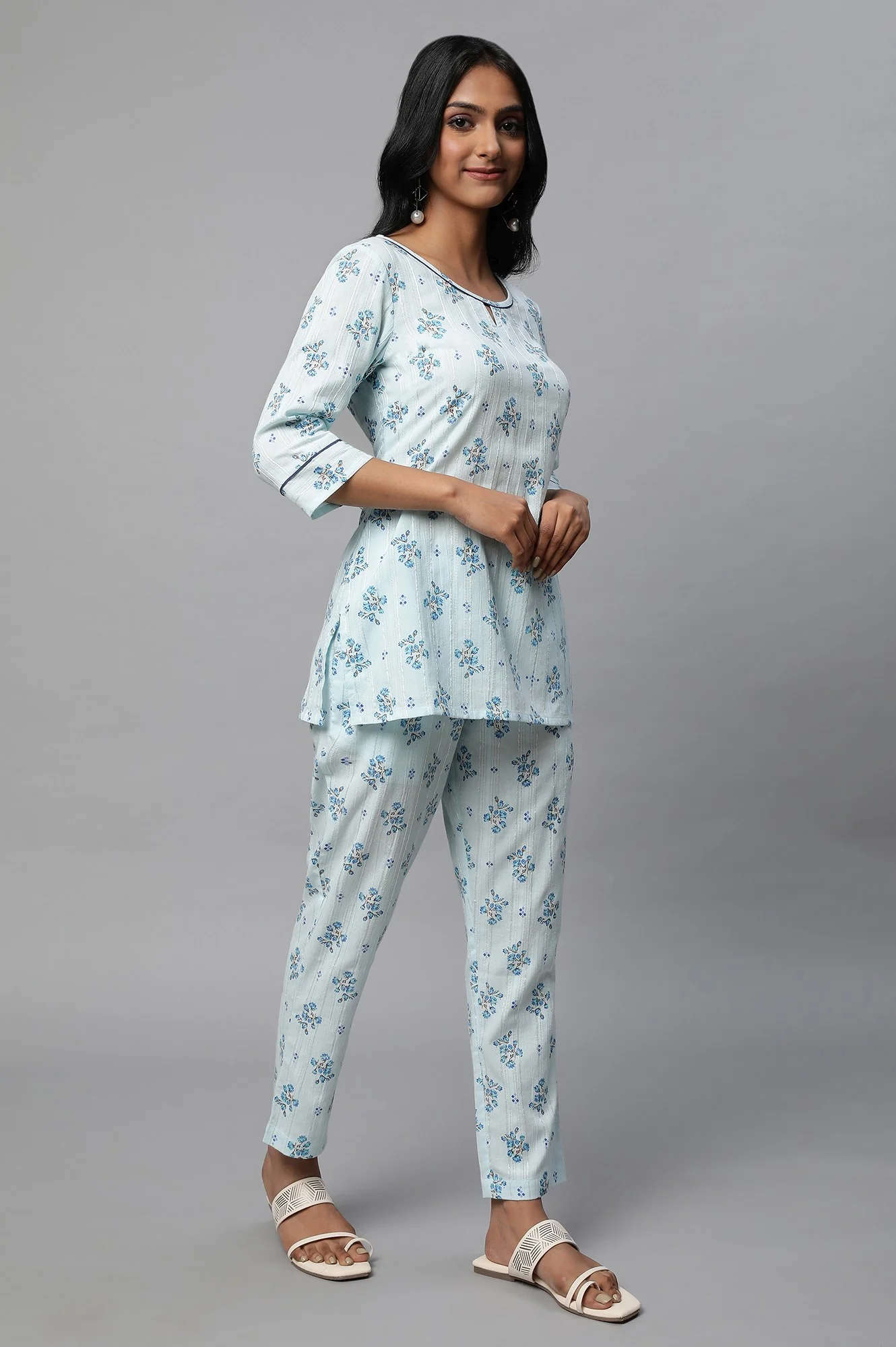 Blue Floral Print Summer kurta Co-Ord Set - Image 5
