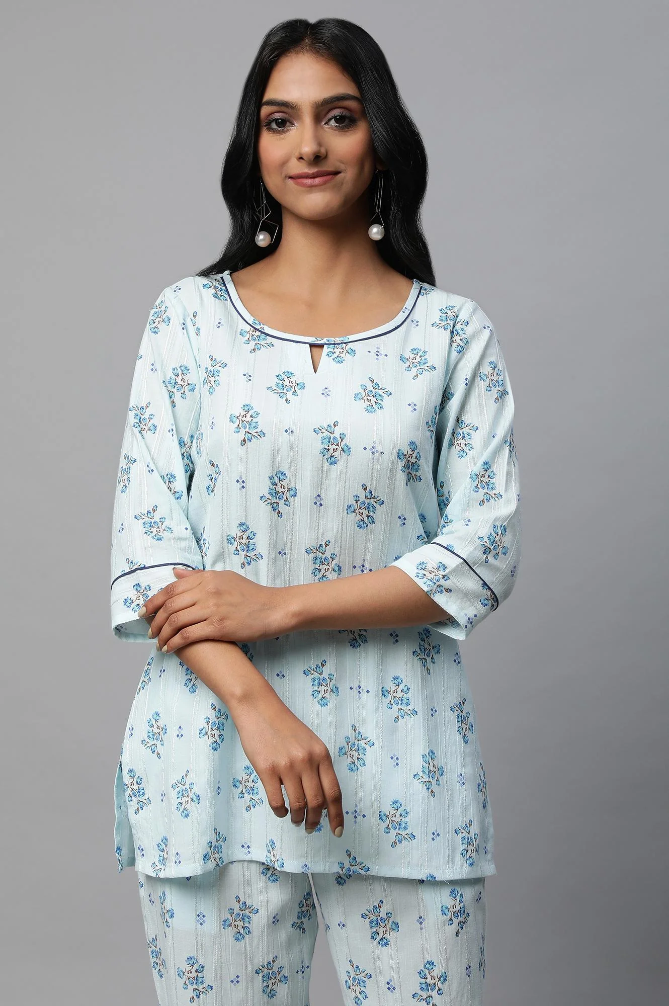 Blue Floral Print Summer kurta Co-Ord Set - Image 6
