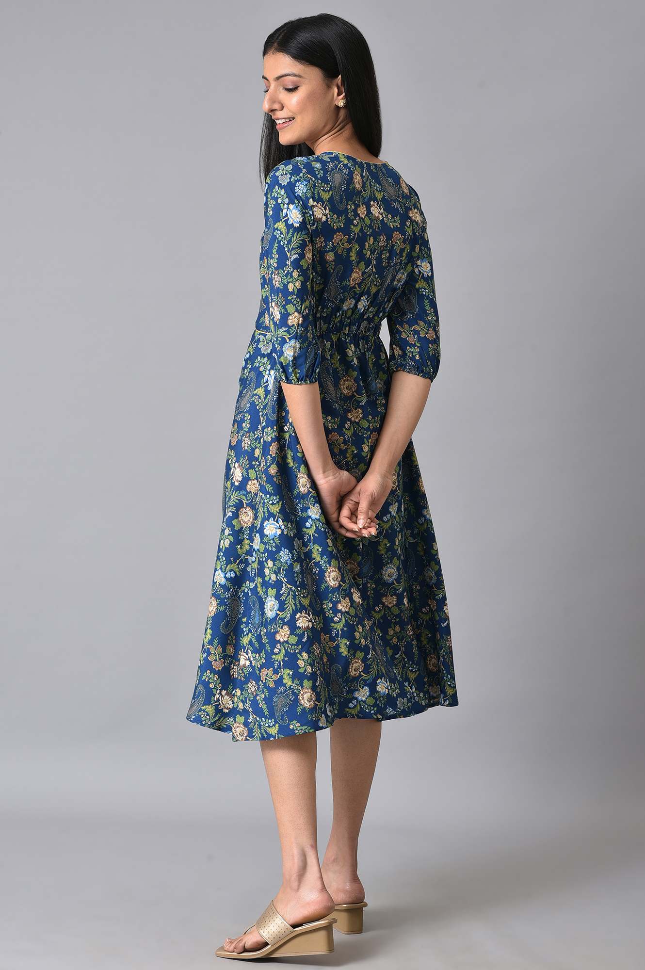 Blue Floral Printed A-Line Dress - Image 2