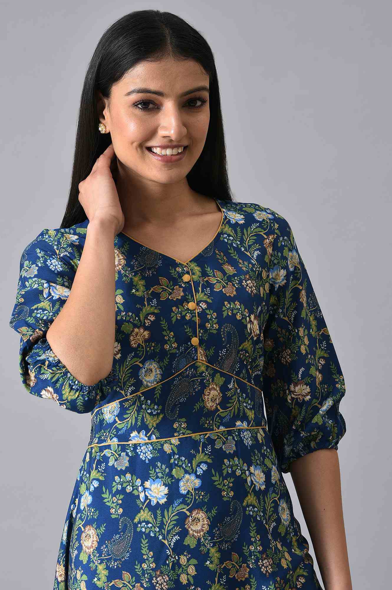 Blue Floral Printed A-Line Dress - Image 5
